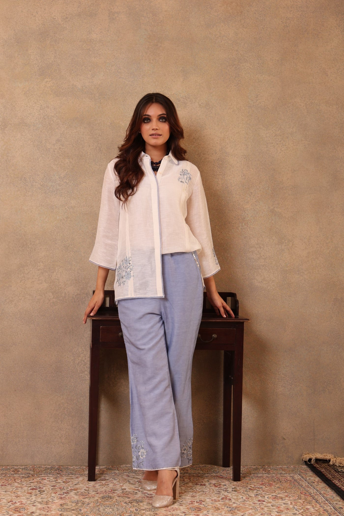 White & Lavender-Blue Hand-Embroidered Co-Ord Set: Pure Silk-Linen Collared Blouse Paired With Linen-Blend (Viscose) Trousers
