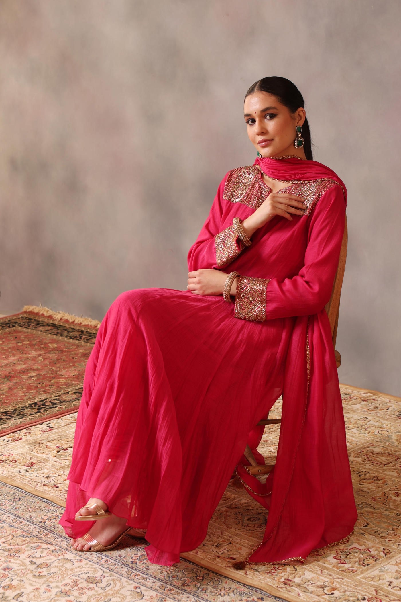 Hand Embroidered Rani Pink Pure Cotton Silk Anarkali Churidaar Set