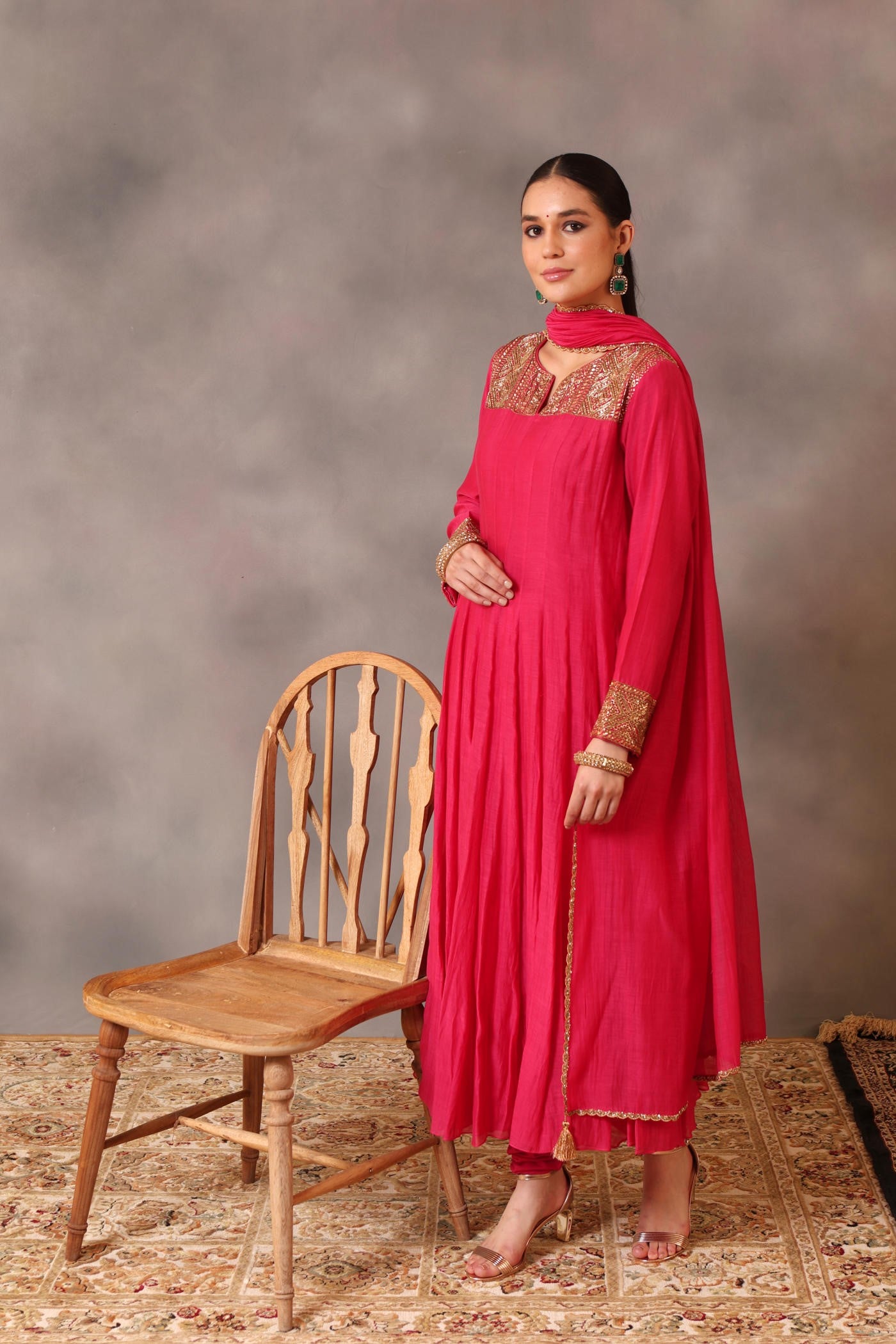 Hand Embroidered Rani Pink Pure Cotton Silk Anarkali Churidaar Set