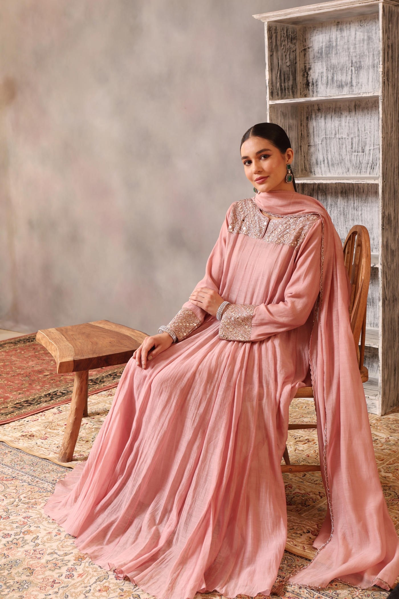 Hand Embroidered Dusty Pink Pure Cotton Silk Anarkali Churidaar Set