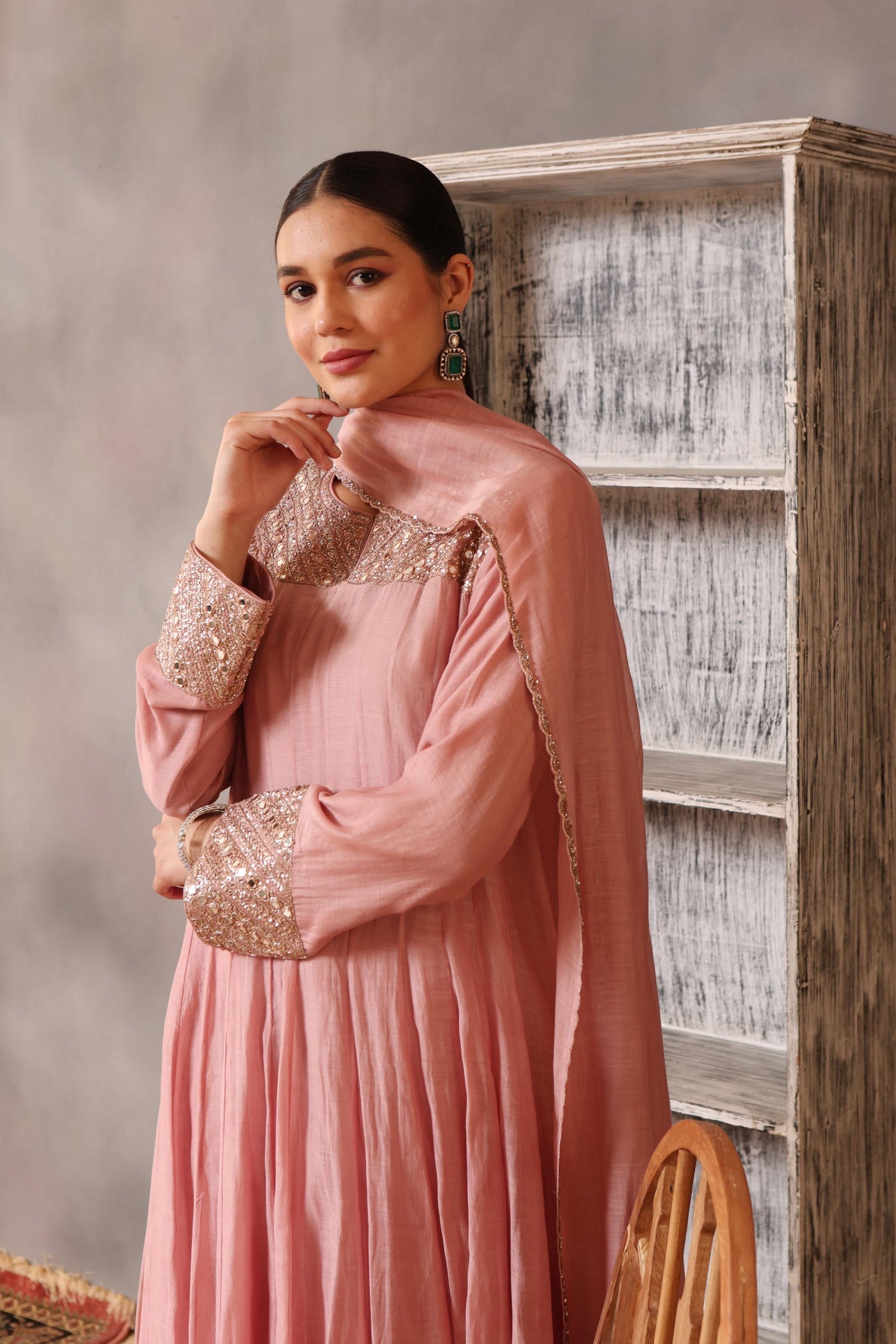 Hand Embroidered Dusty Pink Pure Cotton Silk Anarkali Churidaar Set