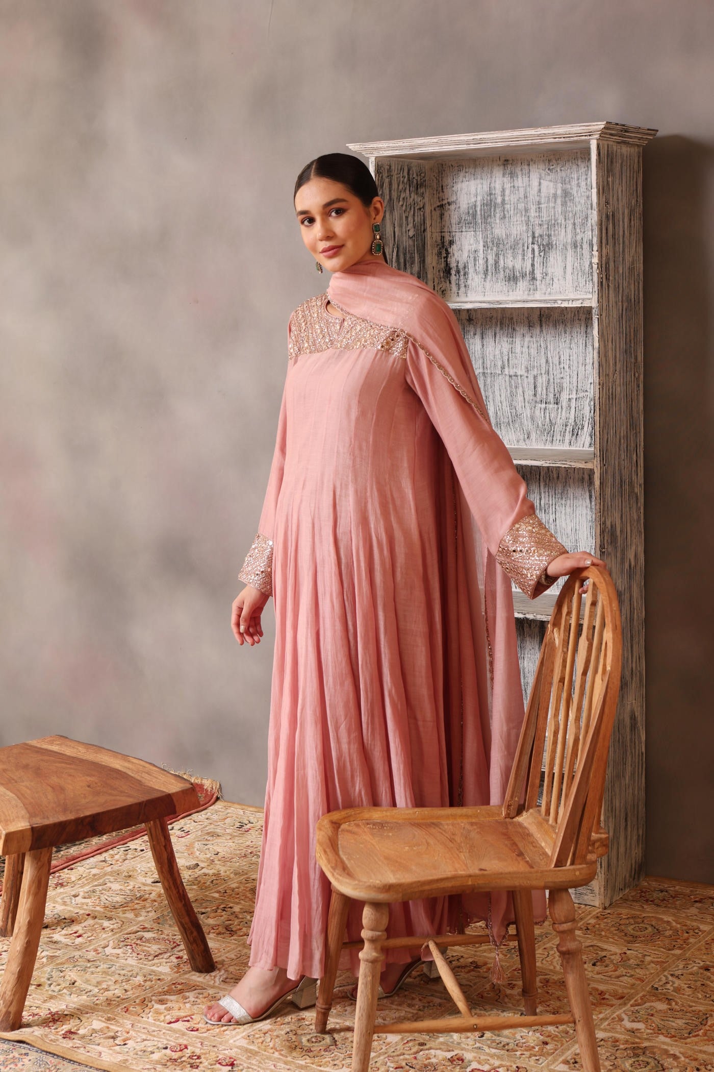 Hand Embroidered Dusty Pink Pure Cotton Silk Anarkali Churidaar Set