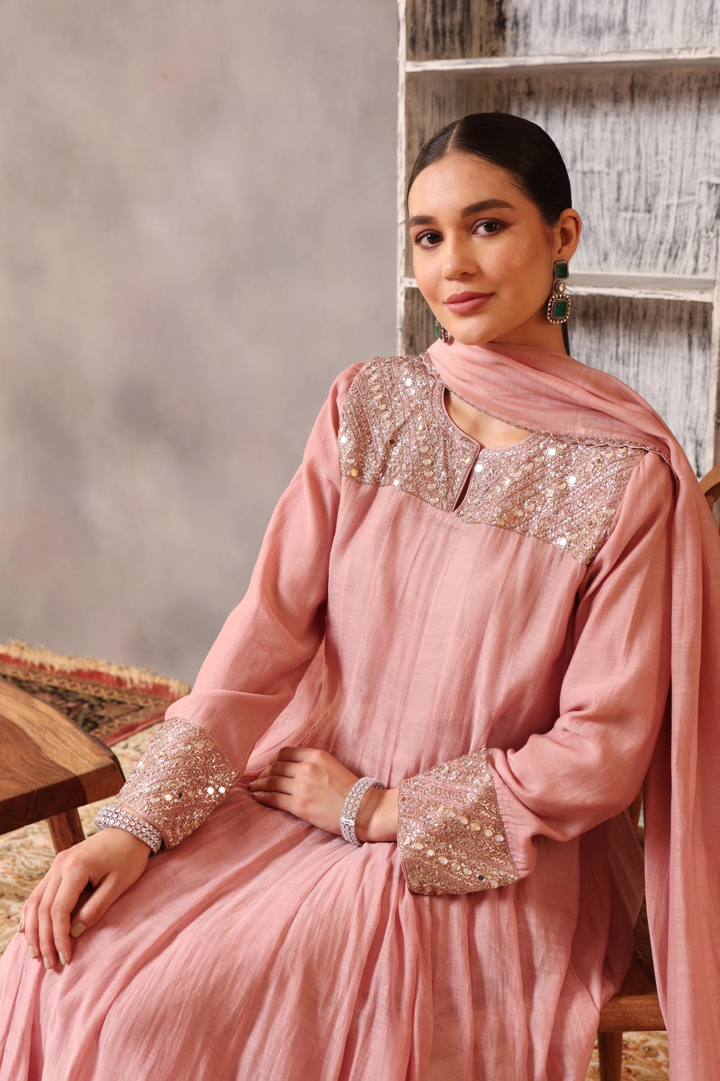 Hand Embroidered Dusty Pink Pure Cotton Silk Anarkali Churidaar Set