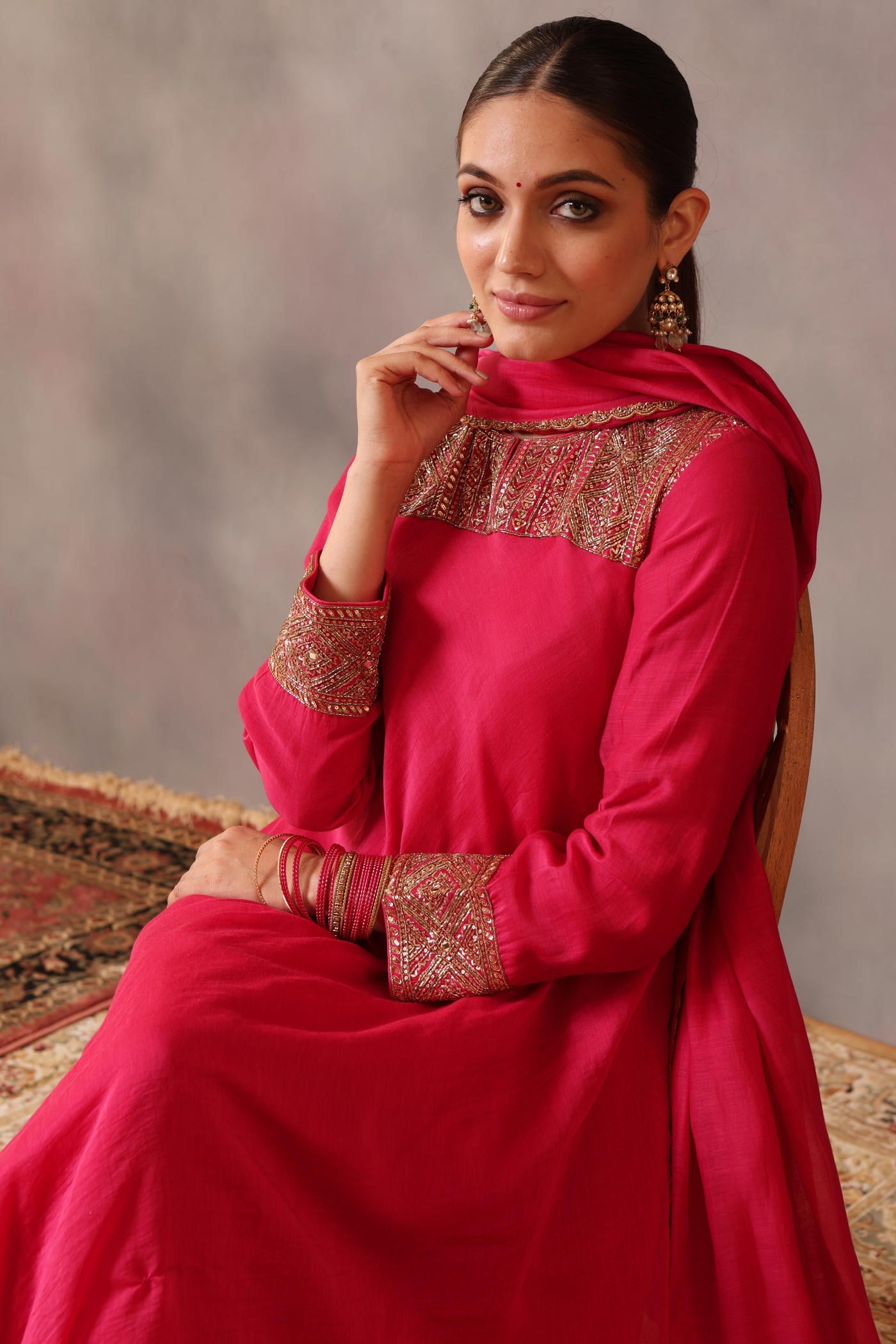 Hand Embroidered Rani Pink Pure Silk Cotton Kurta Churidaar Set
