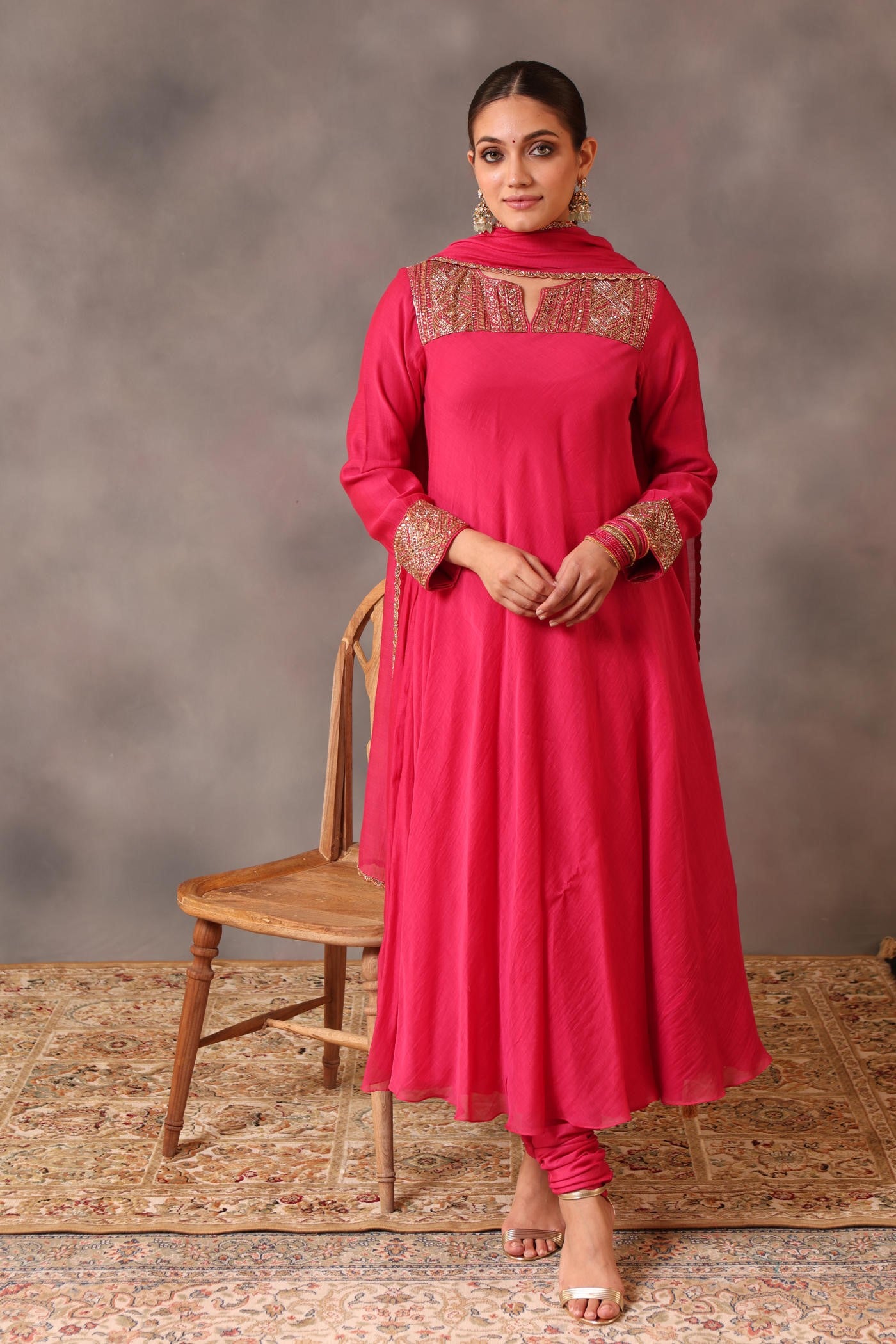 Hand Embroidered Rani Pink Pure Silk Cotton Kurta Churidaar Set