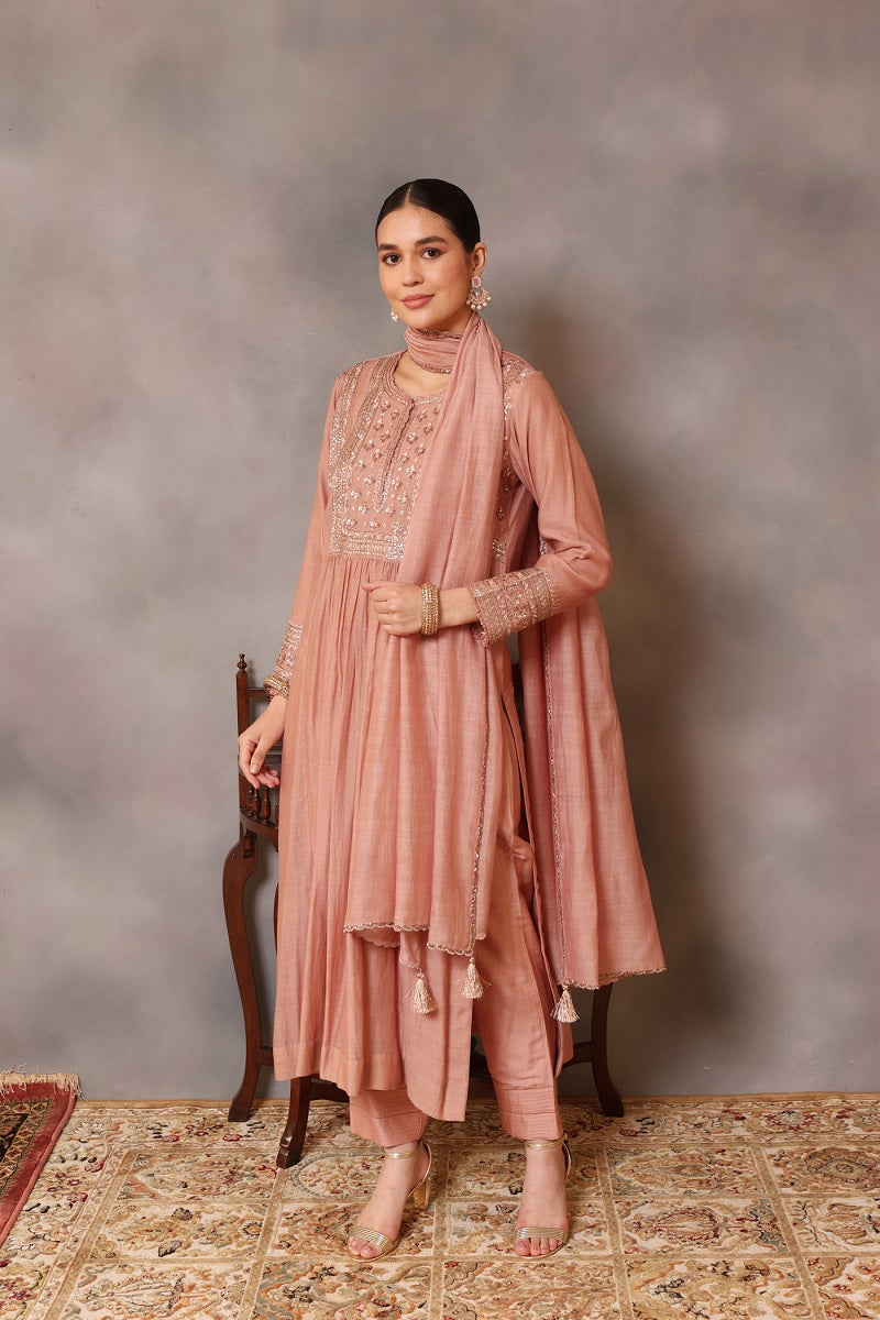 Hand Embroidered Rose Brown Pure Cotton Silk Kurta Pants Set With Gathers
