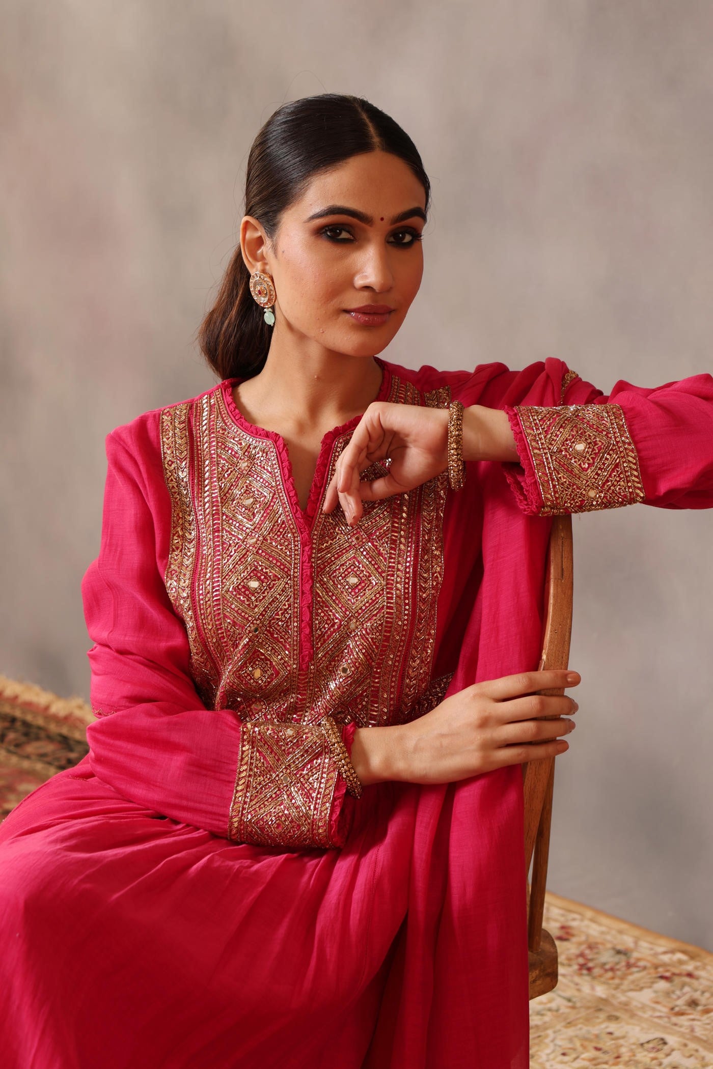 Hand Embroidered Rani Pink Pure Cotton Silk Kurta Pants Set