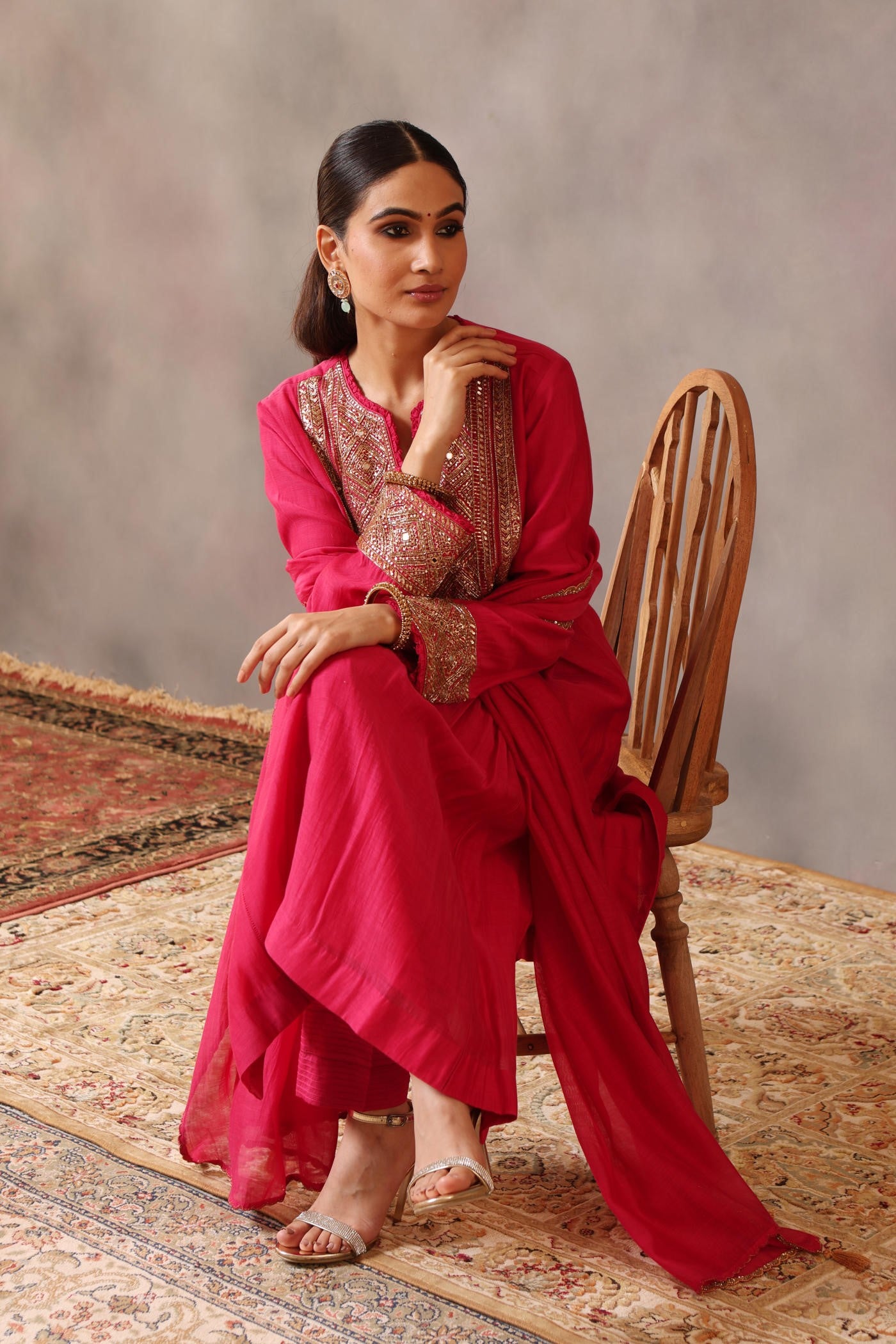 Hand Embroidered Rani Pink Pure Cotton Silk Kurta Pants Set