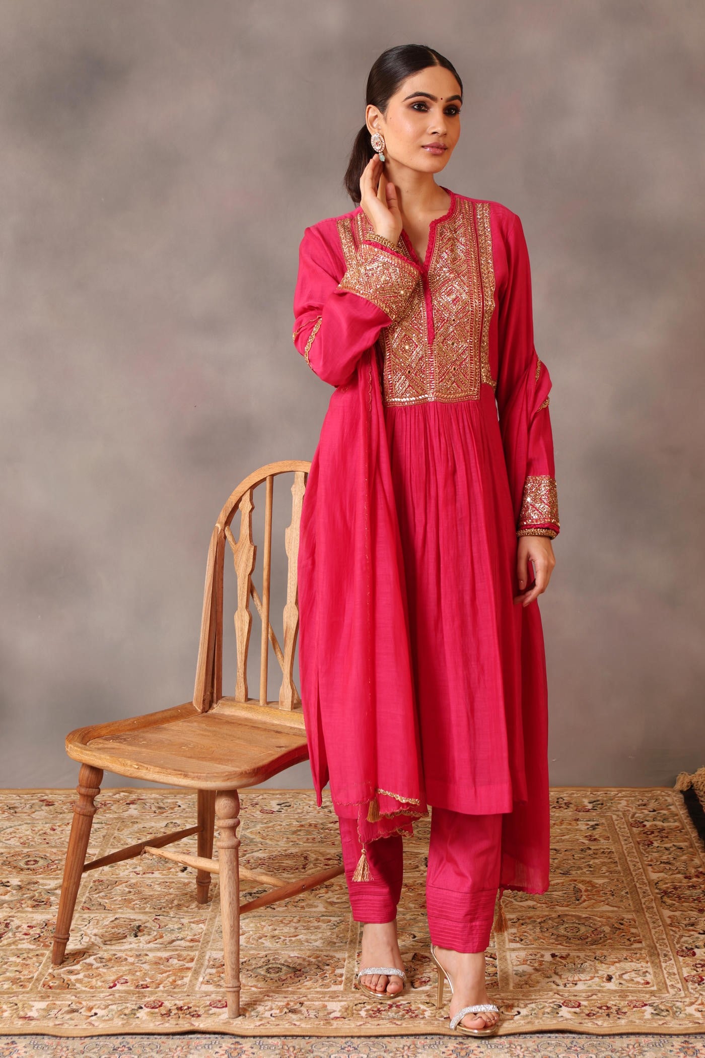 Hand Embroidered Rani Pink Pure Cotton Silk Kurta Pants Set