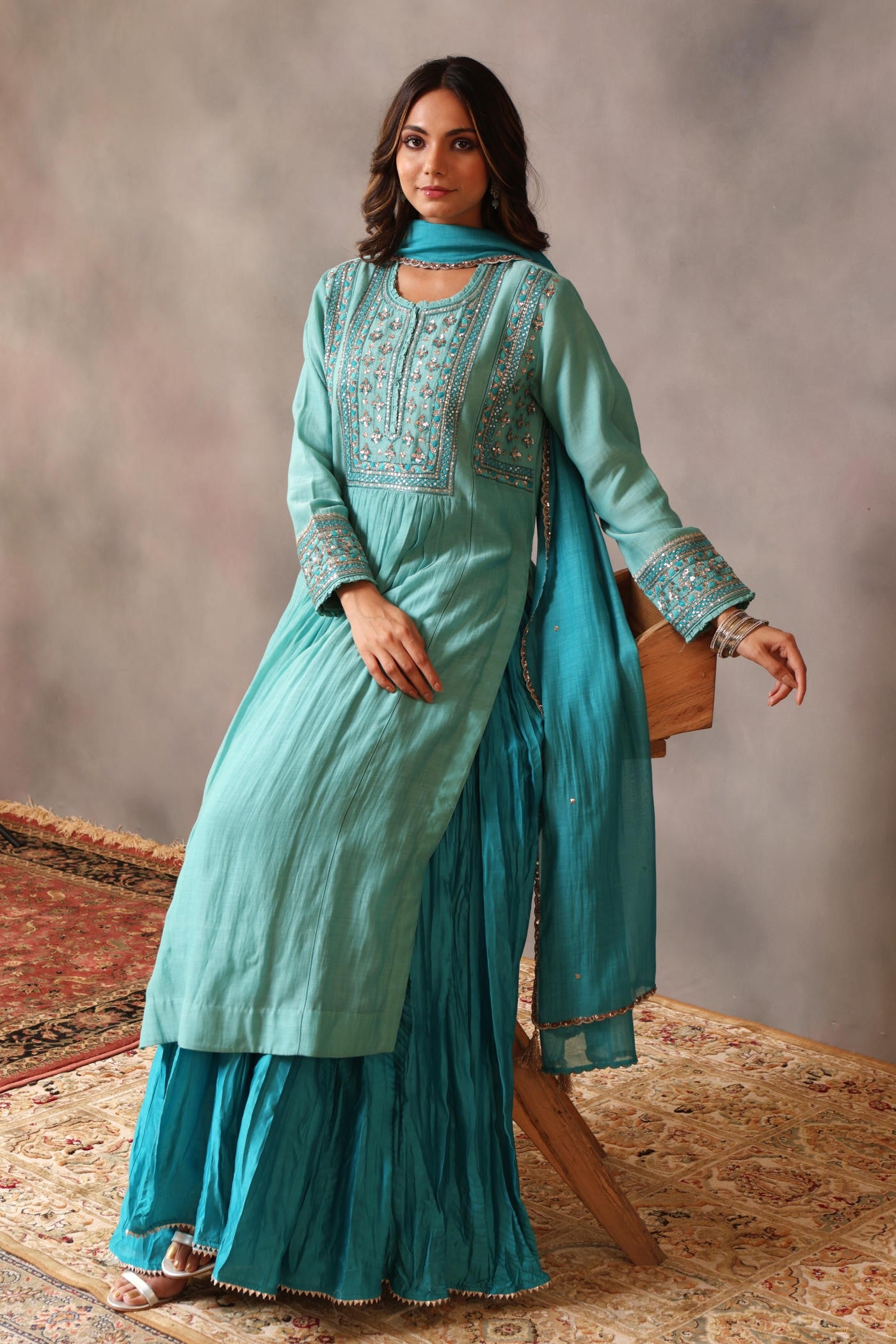 Hand Embroidered Turquoise Blue Pure Cotton Silk Kurta Sharara Set