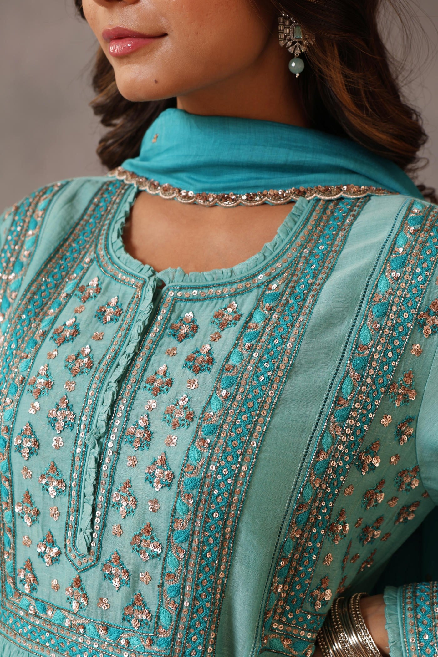 Hand Embroidered Turquoise Blue Pure Cotton Silk Kurta Sharara Set