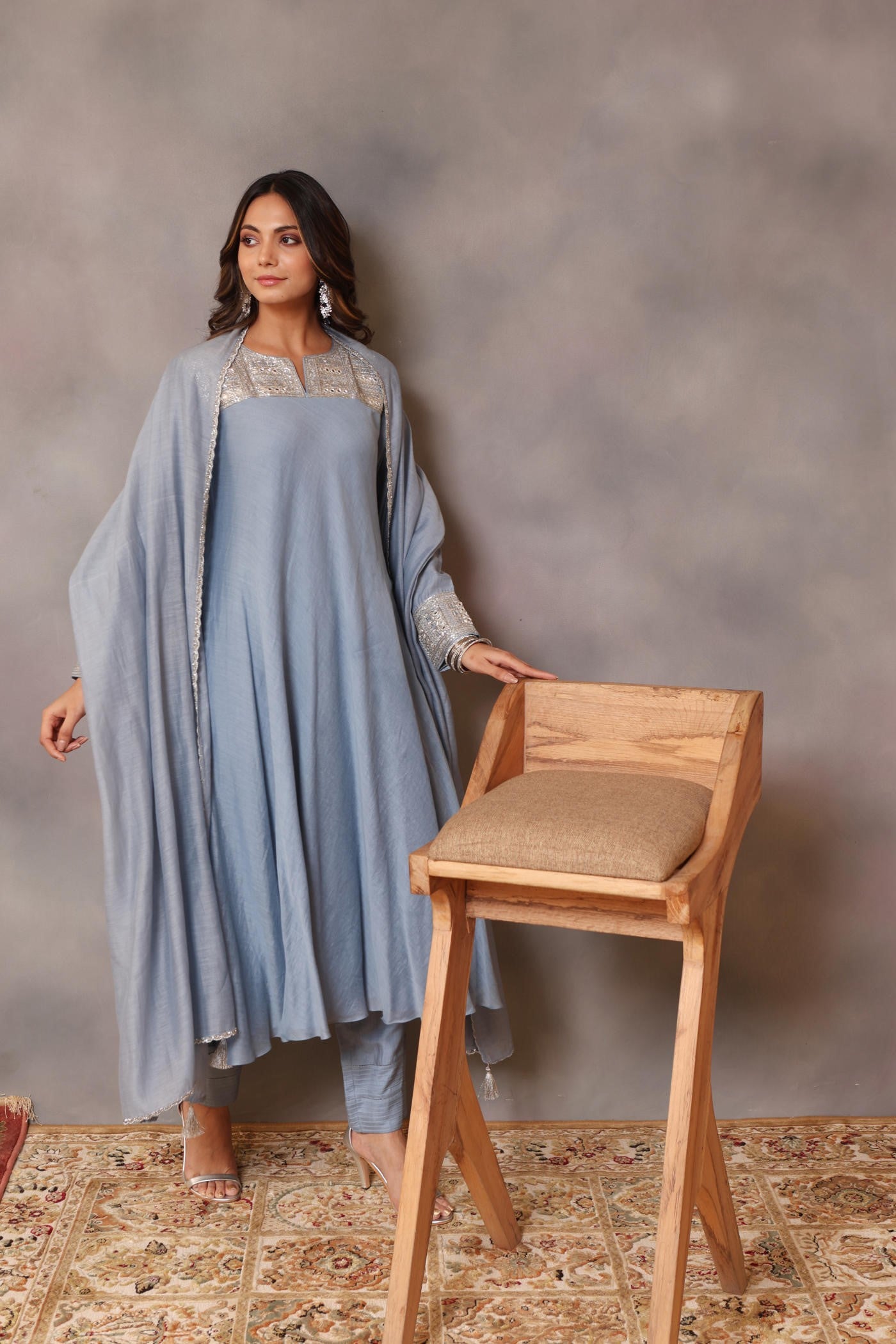 Hand Embroidered Powder Blue Pure Cotton Silk Kurta Pants Set