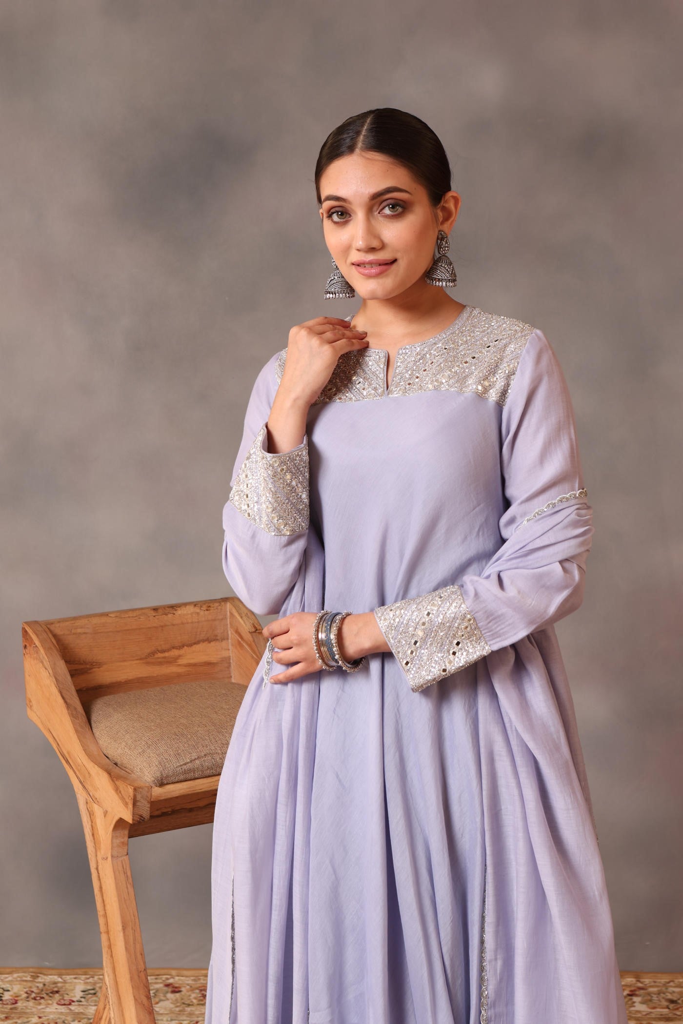 Hand Embroidered Powder Blue Pure Cotton Silk Kurta Pants Set