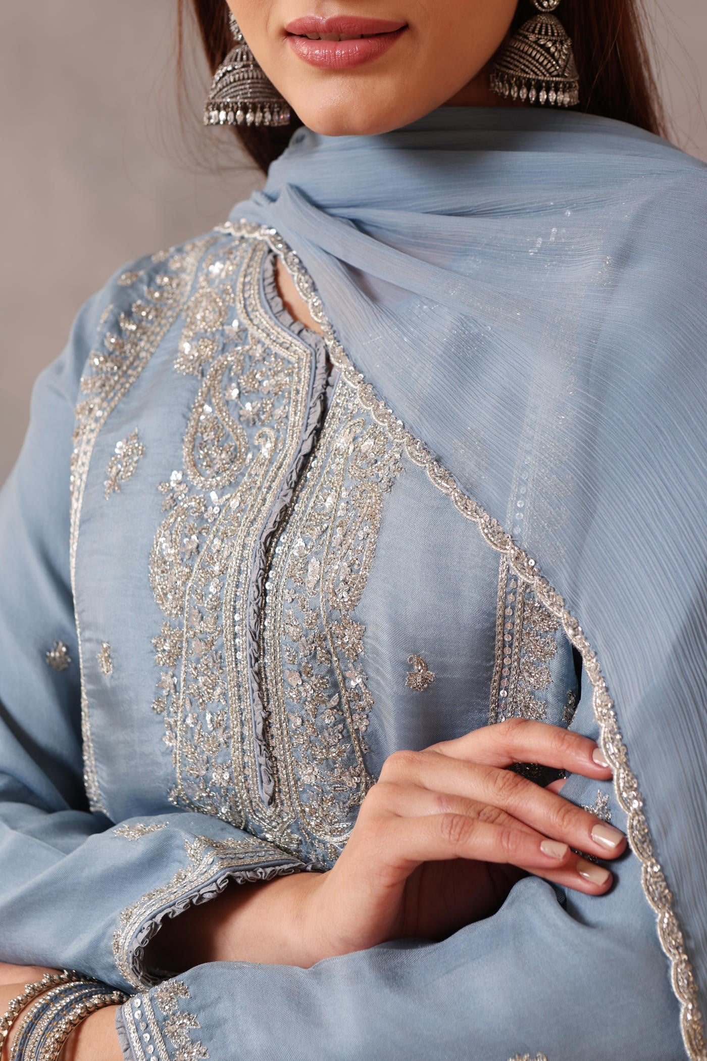 Hand Embroidered Shadow Blue Pure Silk Organza Kurta Pants Set