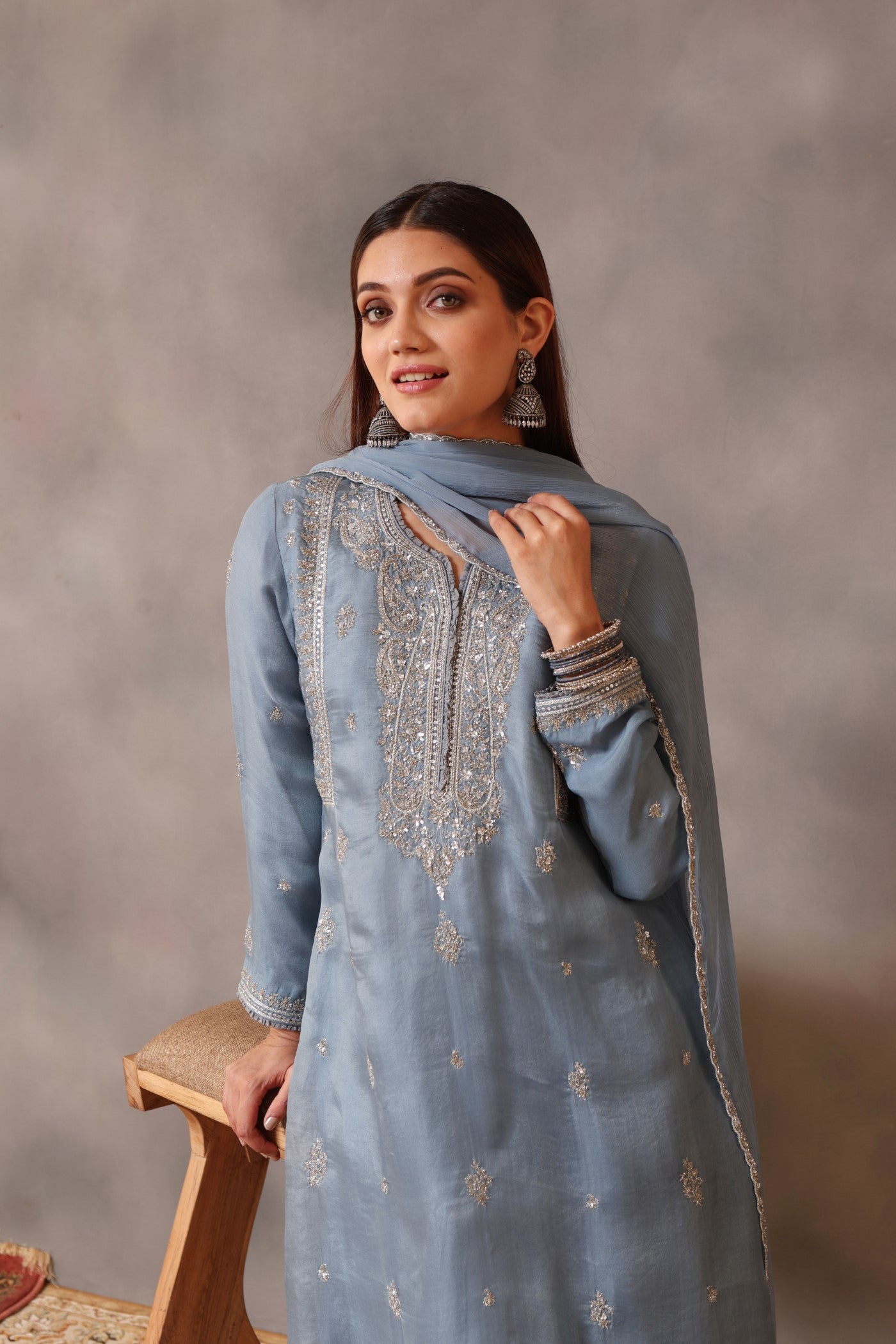 Hand Embroidered Shadow Blue Pure Silk Organza Kurta Pants Set