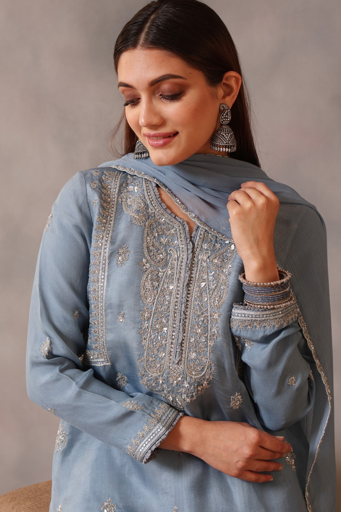 Hand Embroidered Shadow Blue Pure Silk Organza Kurta Pants Set