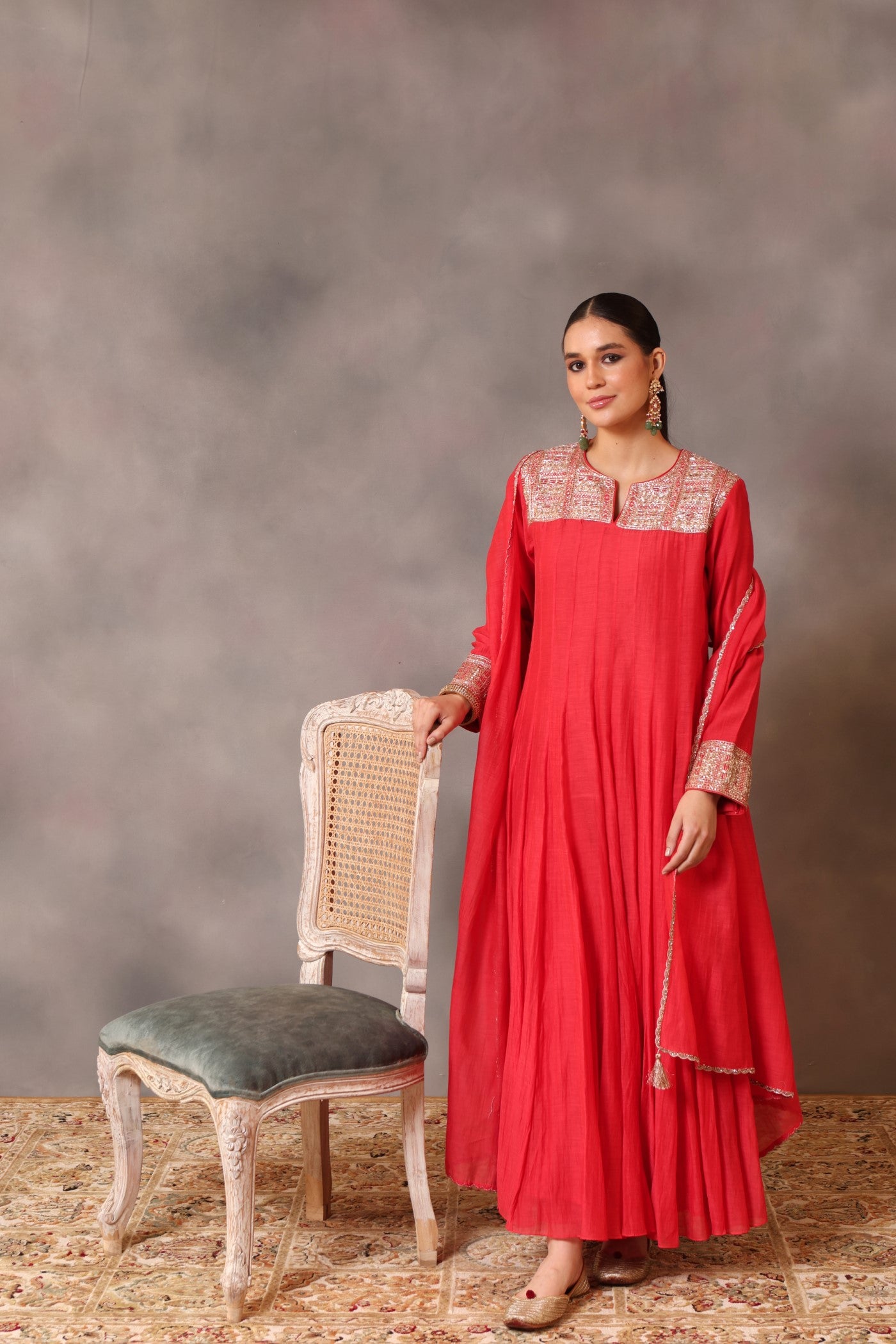 Hand Embroidered Tomato Red Pure Cotton Silk Anarkali Pants Set