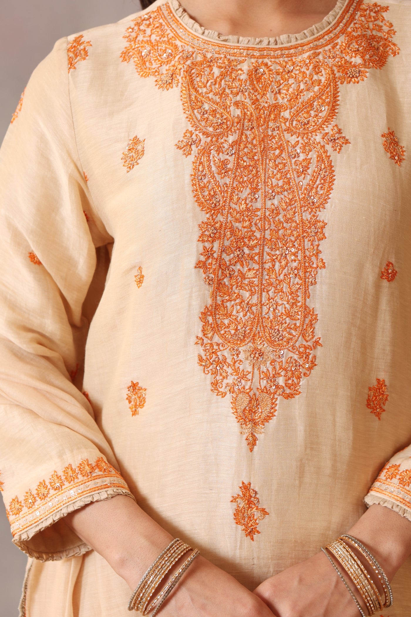 Hand Embroidered Ecru Pure Silk Linen Kurta Pants Set (Orange Embroidery 1)