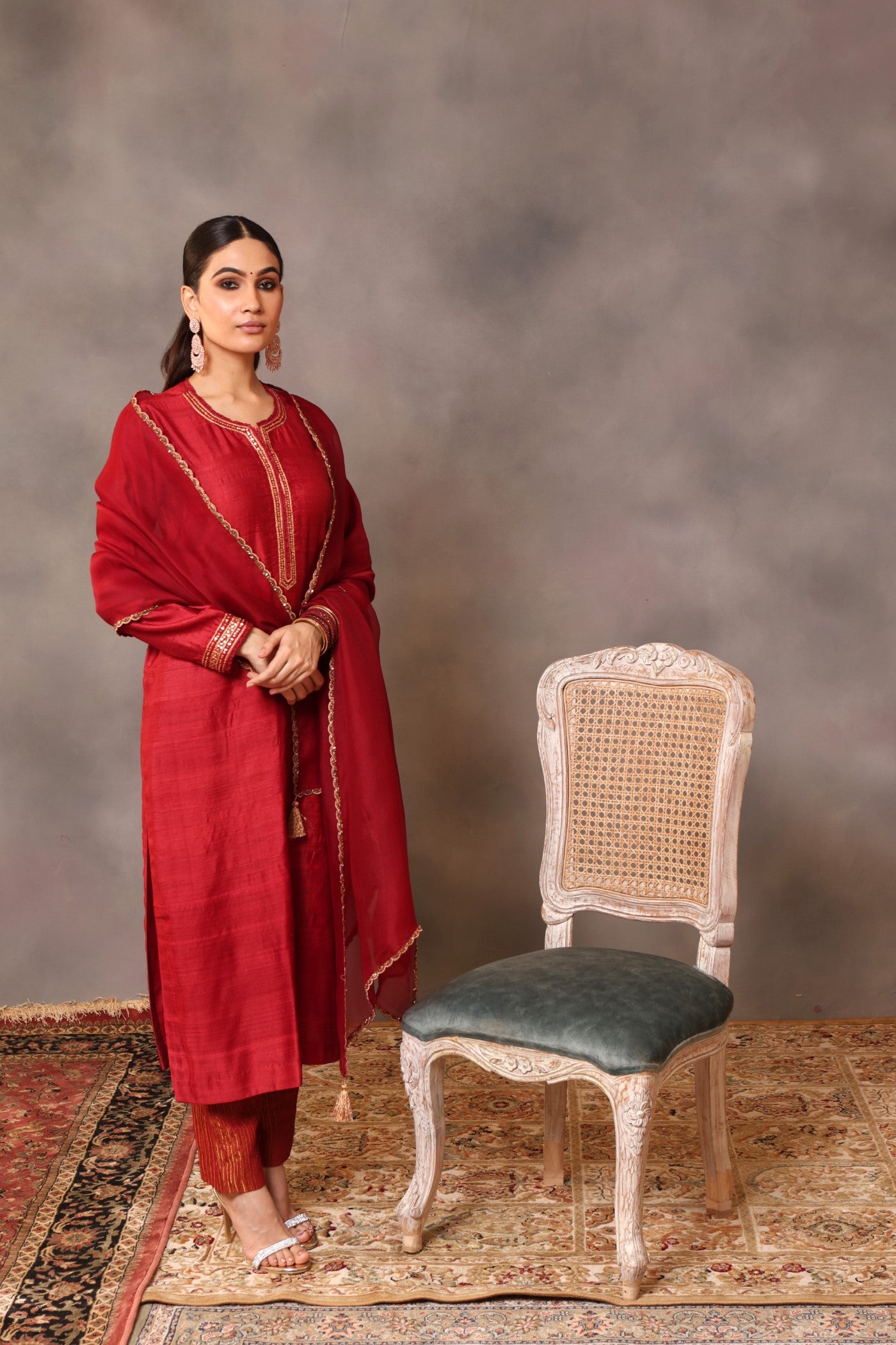 Hand Embroidered Haute Red Pure Tussar Georgette Kurta Pants Set