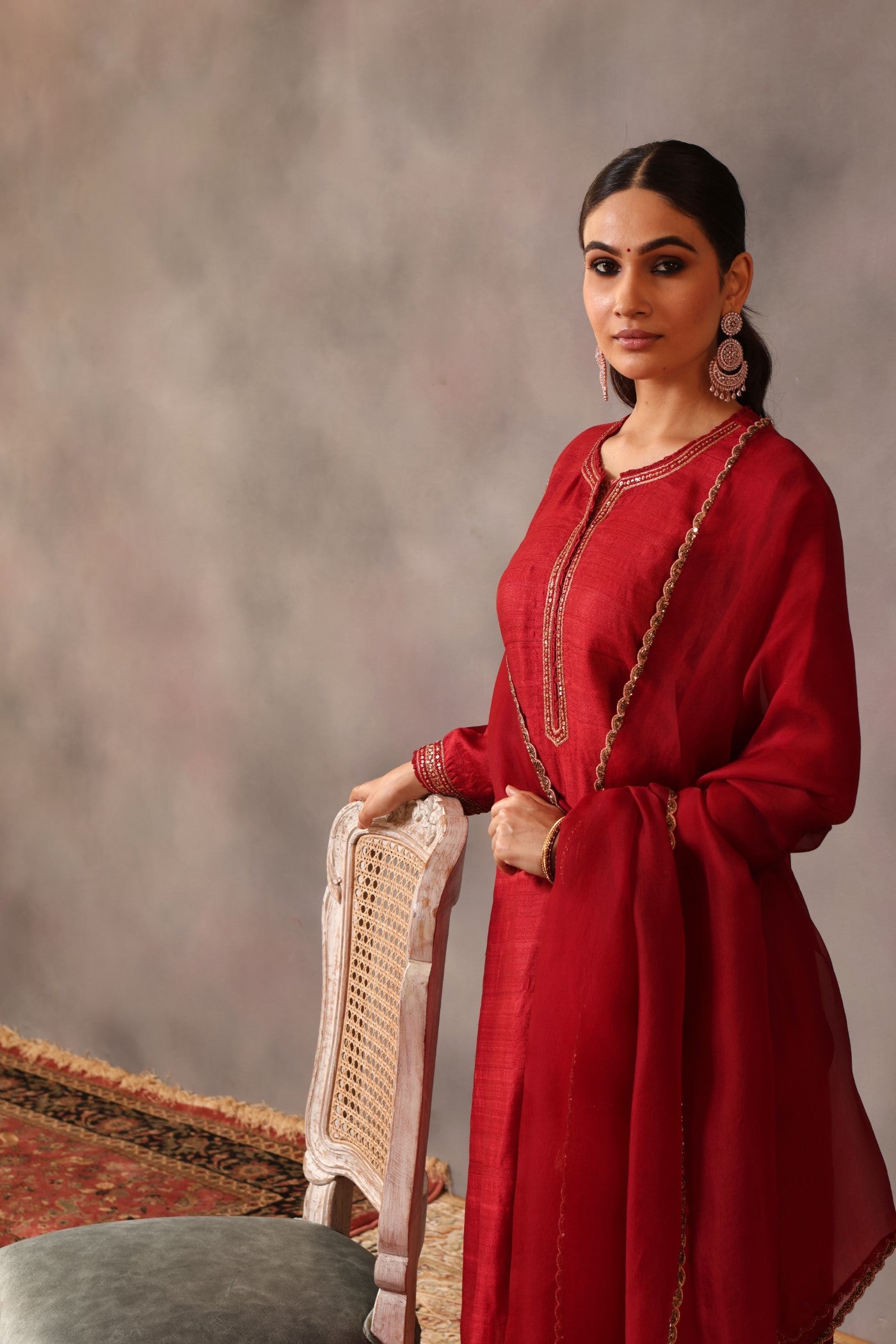 Hand Embroidered Haute Red Pure Tussar Georgette Kurta Pants Set