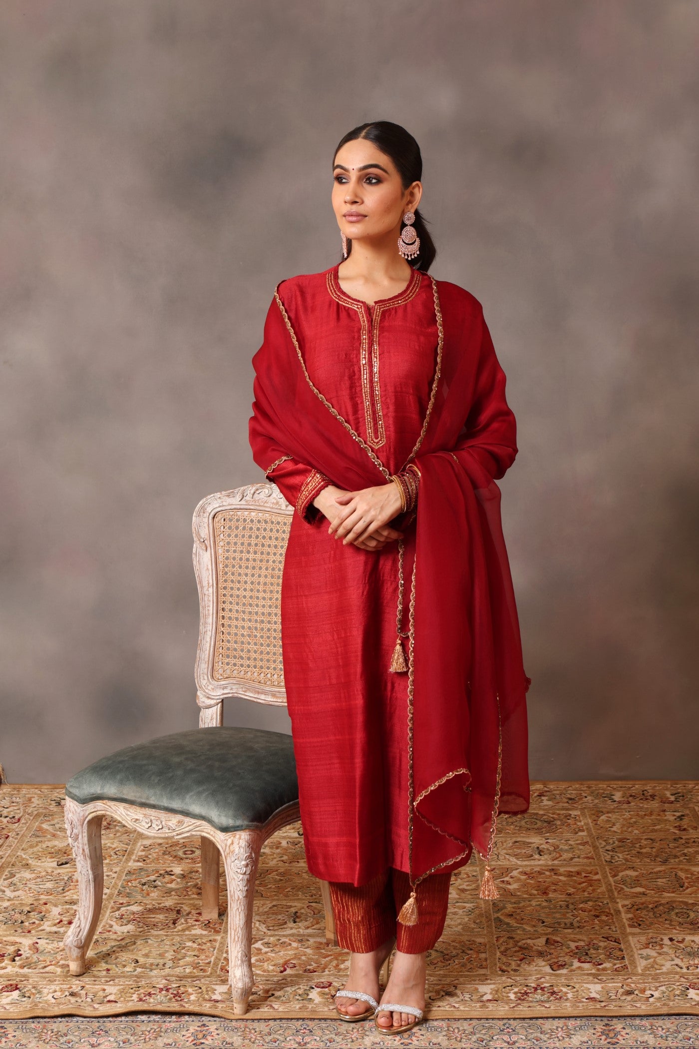 Hand Embroidered Haute Red Pure Tussar Georgette Kurta Pants Set