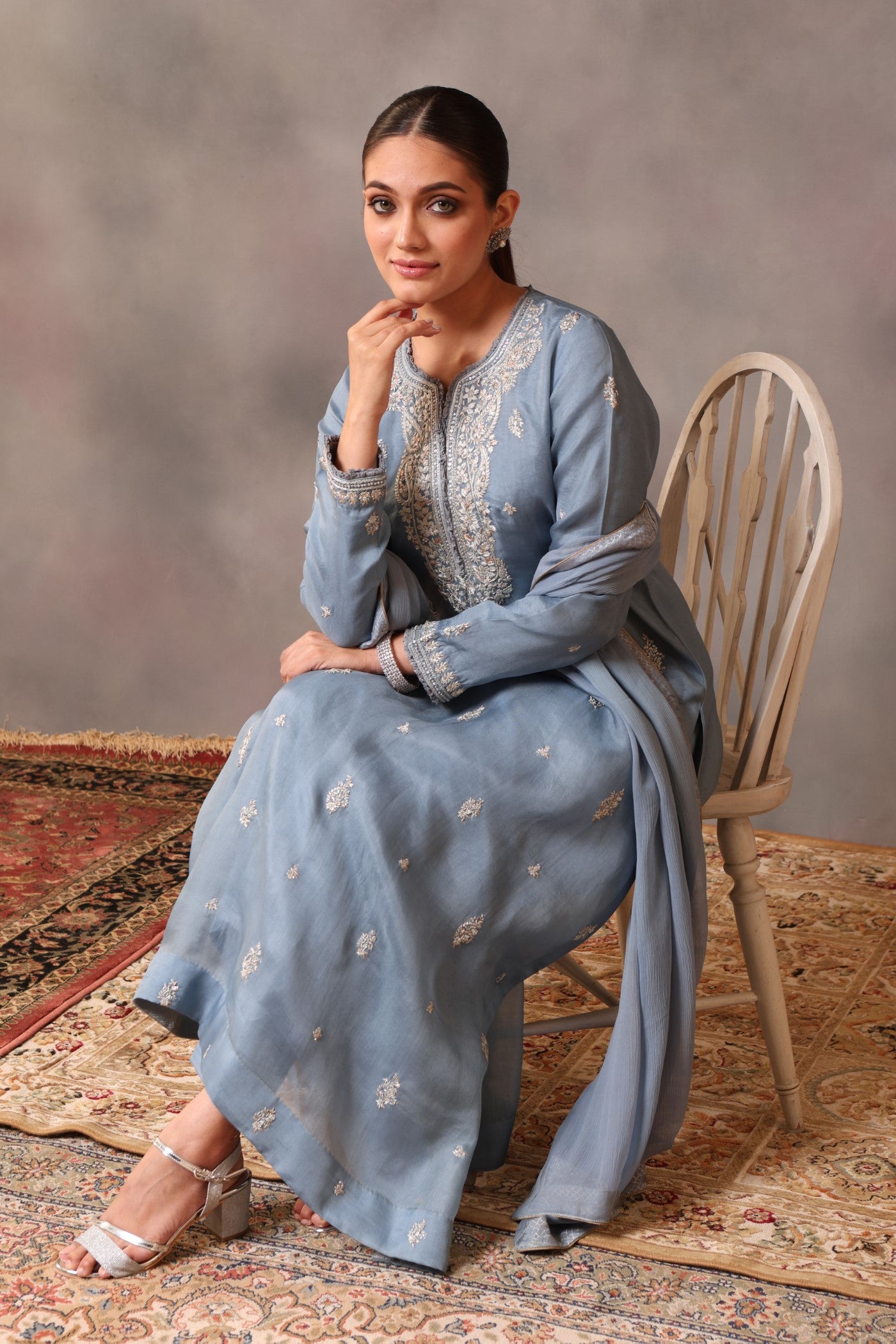 Hand Embroidered Airy Blue Pure Silk Organza Kurta Pants Set