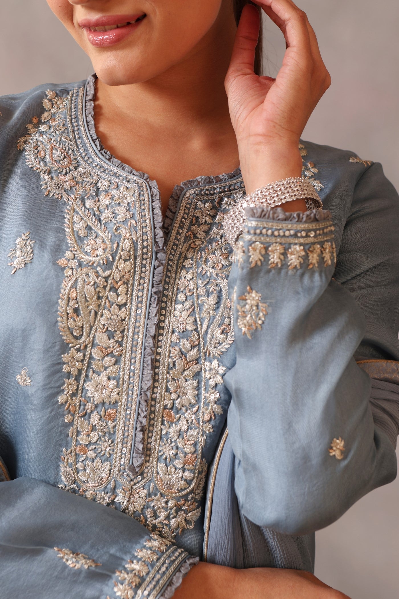 Hand Embroidered Airy Blue Pure Silk Organza Kurta Pants Set