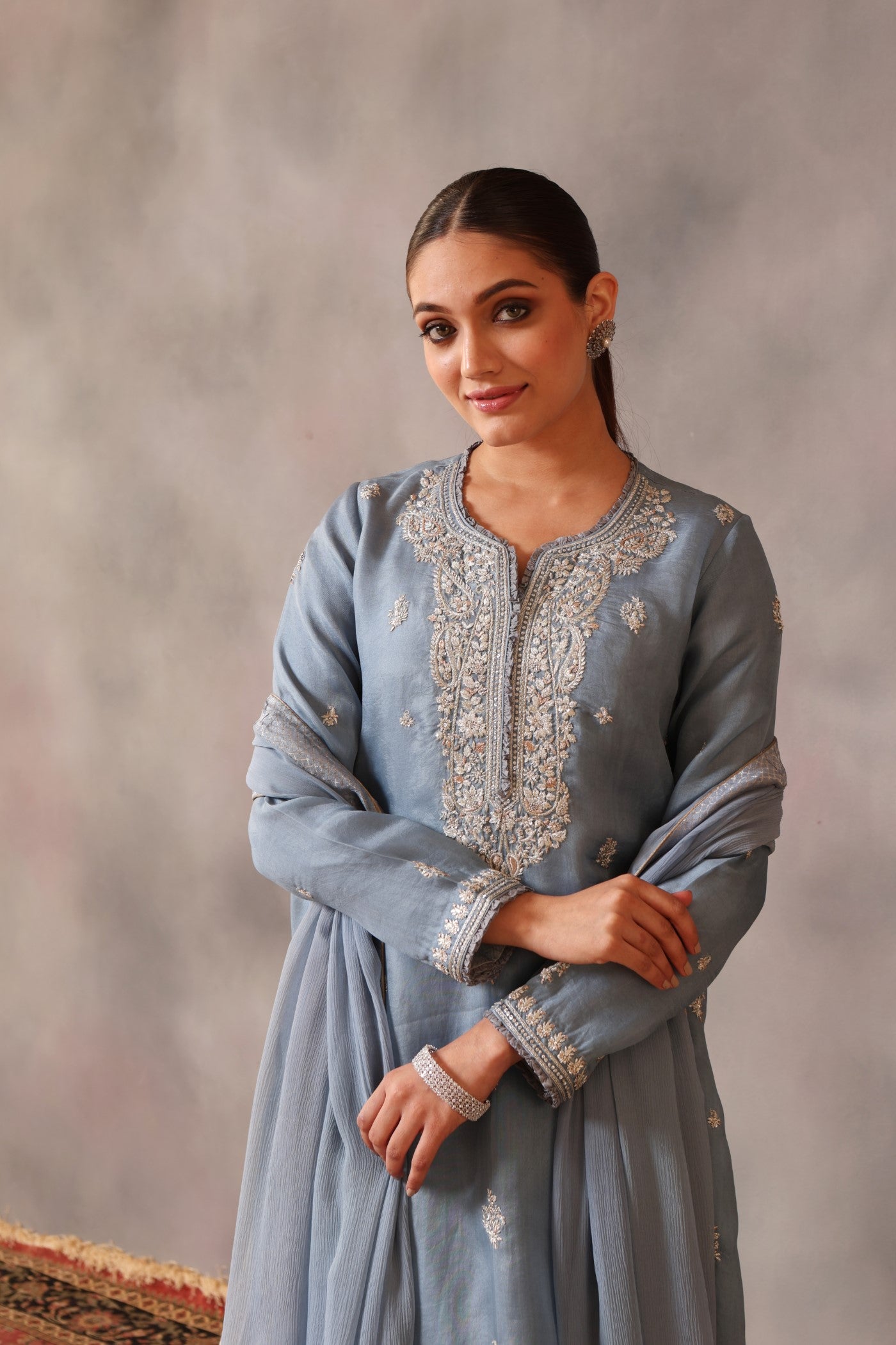 Hand Embroidered Airy Blue Pure Silk Organza Kurta Pants Set