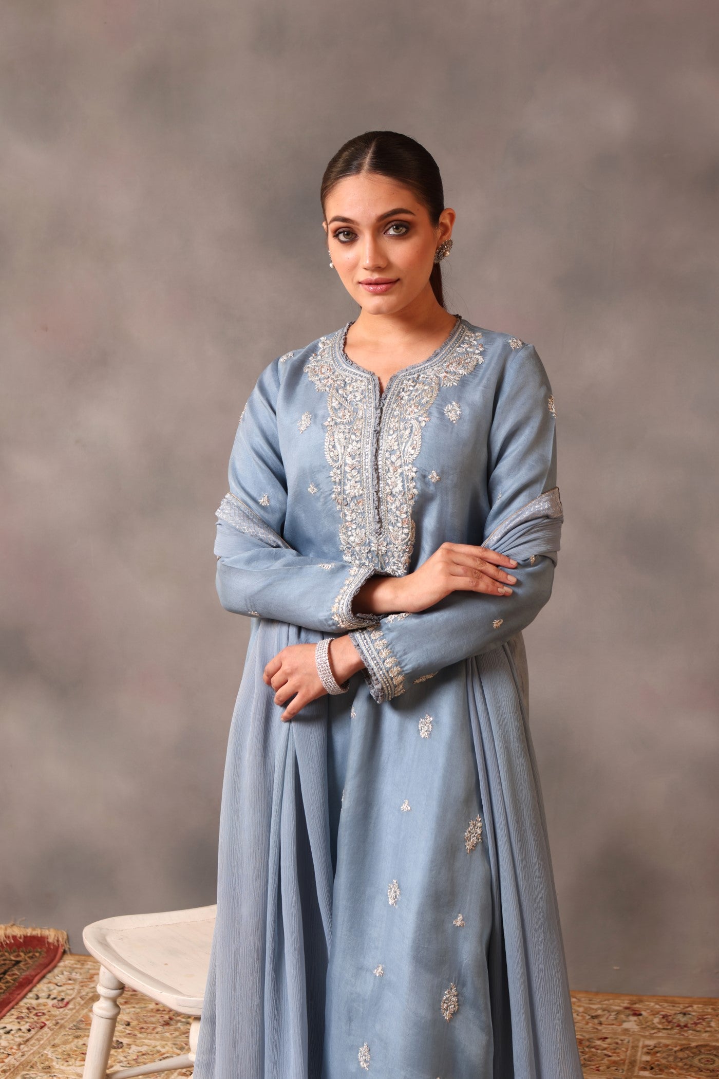 Hand Embroidered Airy Blue Pure Silk Organza Kurta Pants Set