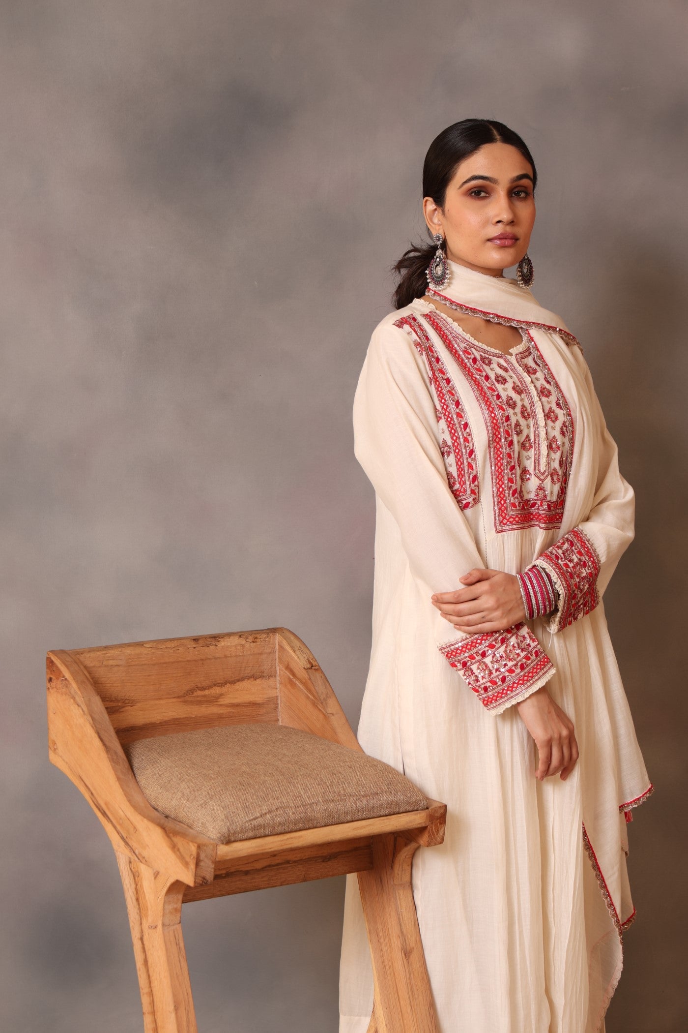 Hand Embroidered Ivory Pure Cotton Silk Kurta Pants Set