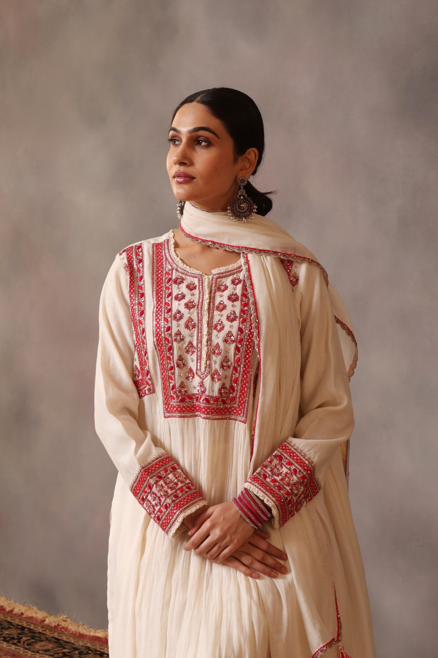 Hand Embroidered Ivory Pure Cotton Silk Kurta Pants Set