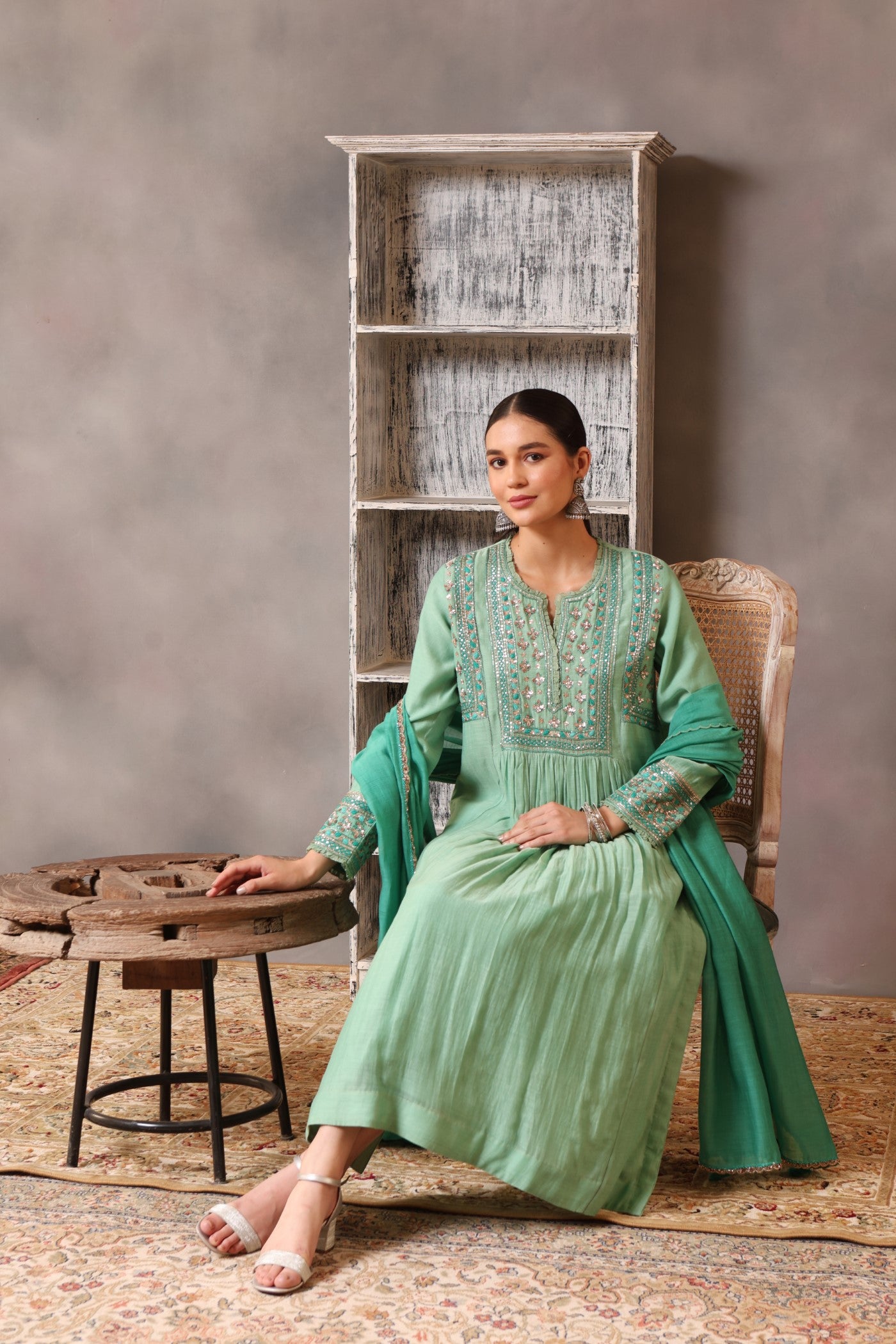 Hand Embroidered Neptune Green Pure Cotton Silk Kurta Pants Set