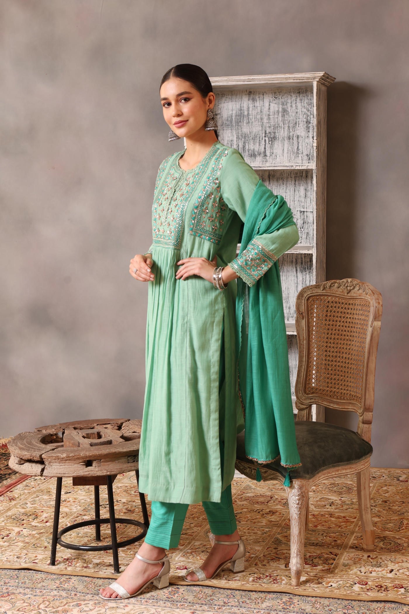 Hand Embroidered Neptune Green Pure Cotton Silk Kurta Pants Set