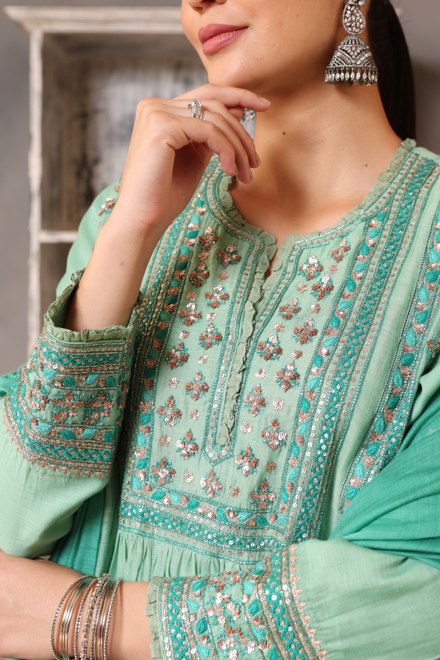 Hand Embroidered Neptune Green Pure Cotton Silk Kurta Pants Set