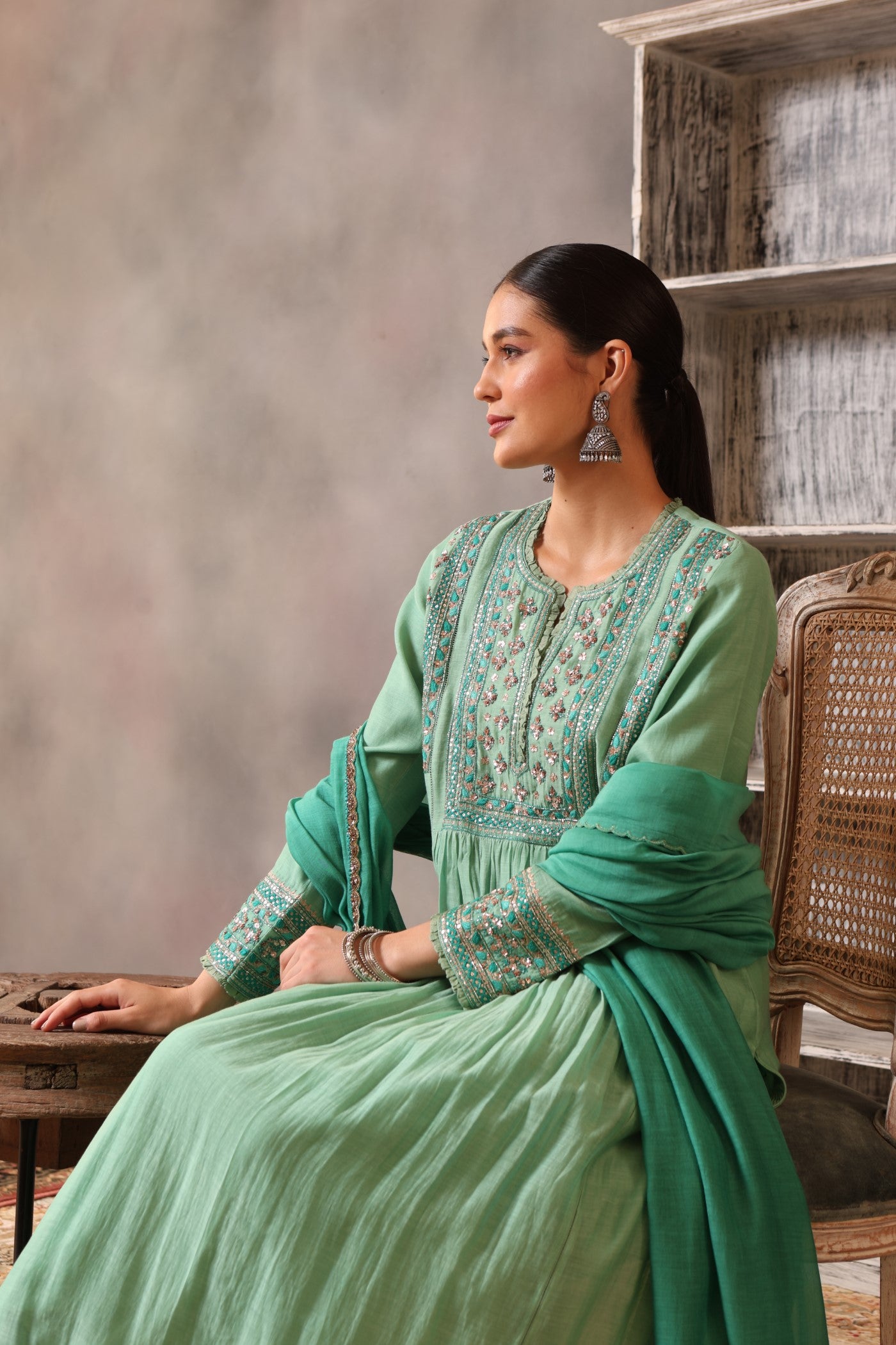 Hand Embroidered Neptune Green Pure Cotton Silk Kurta Pants Set