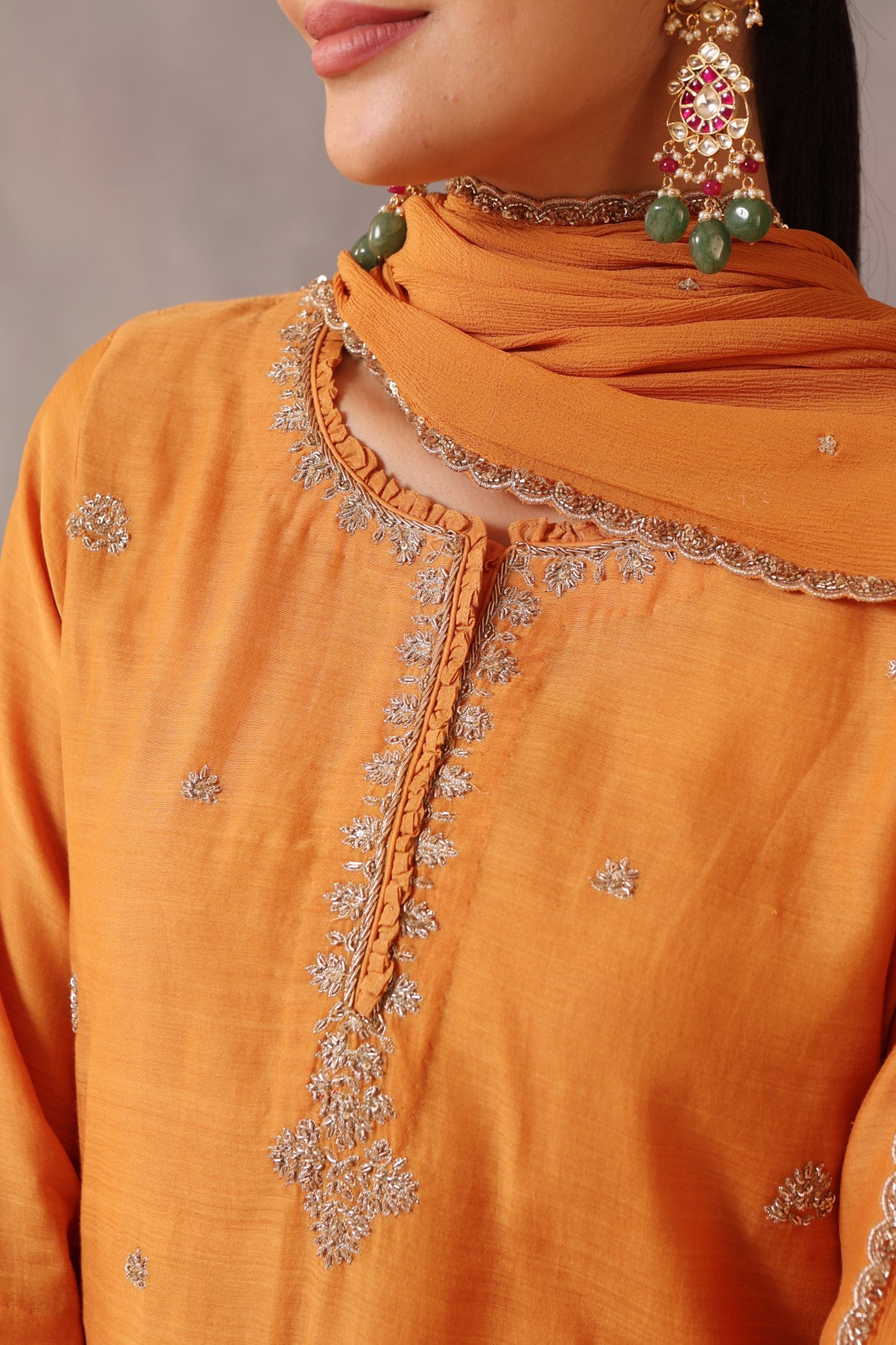 Hand Embroidered Dusty Mango Yellow Pure Cotton Silk Short Kurta Salwar Set