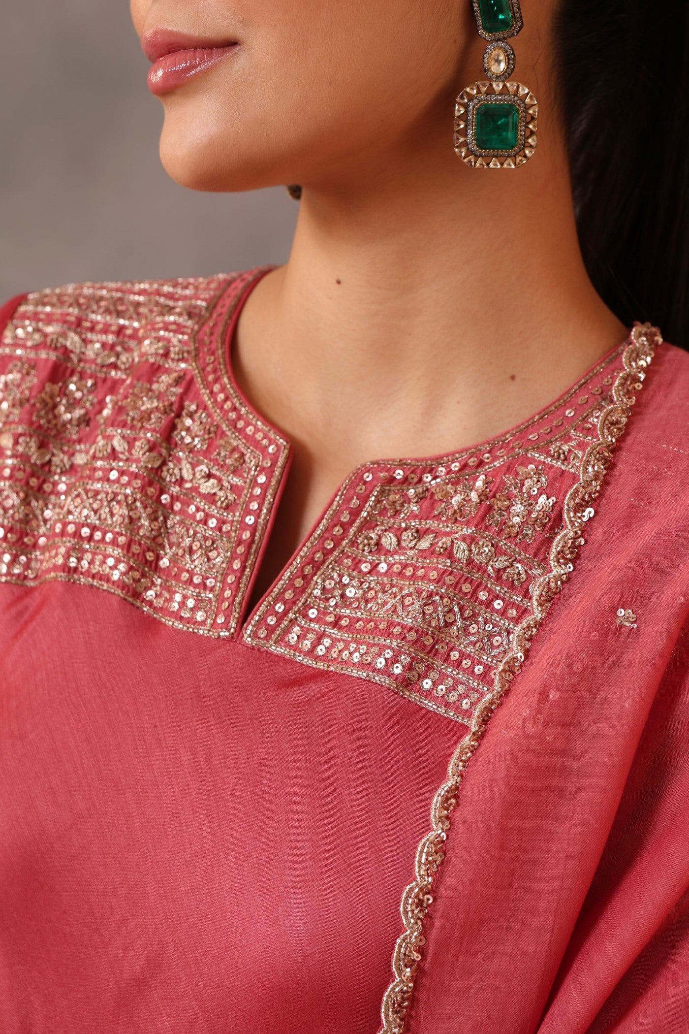 Hand Embroidered Desert Pink Pure Cotton Silk Kurta Pants Set