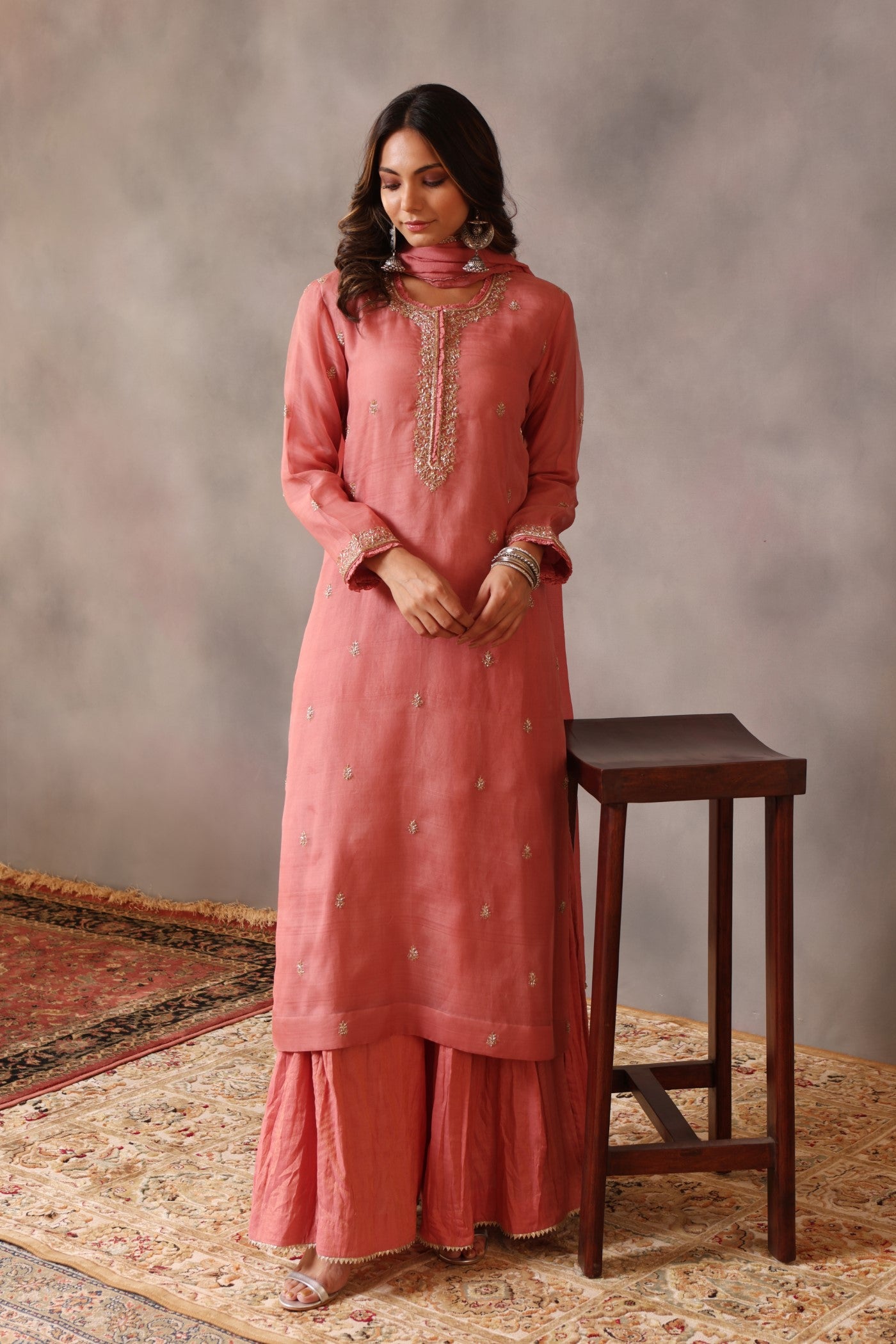 Hand Embroidered Blush Pink Pure Katan Silk Kurta Sharara Set