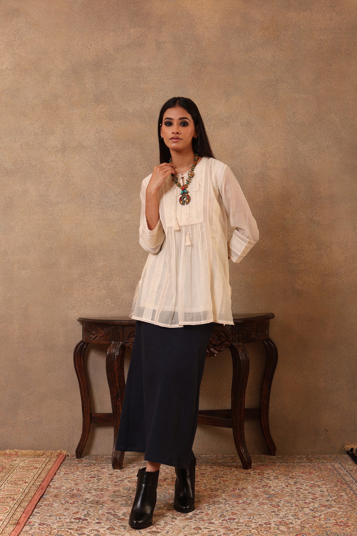 Off-White Pure Silk-Cotton (Cutwork) Short Blouse With Smocking Detail & Hand-Made Tassels