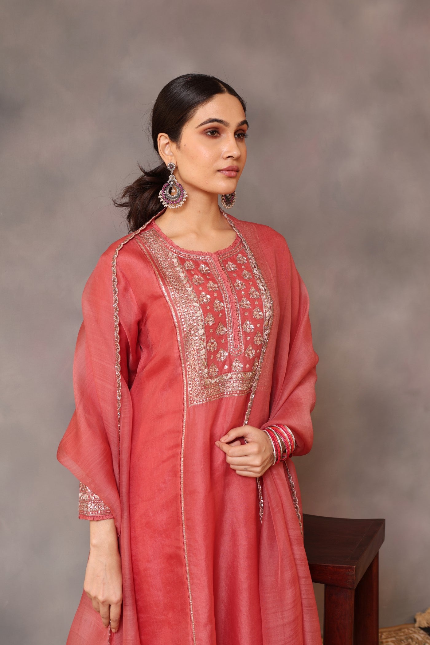 Hand Embroidered Dark Tea Rose Pure Silk Organza Kurta Pants Set