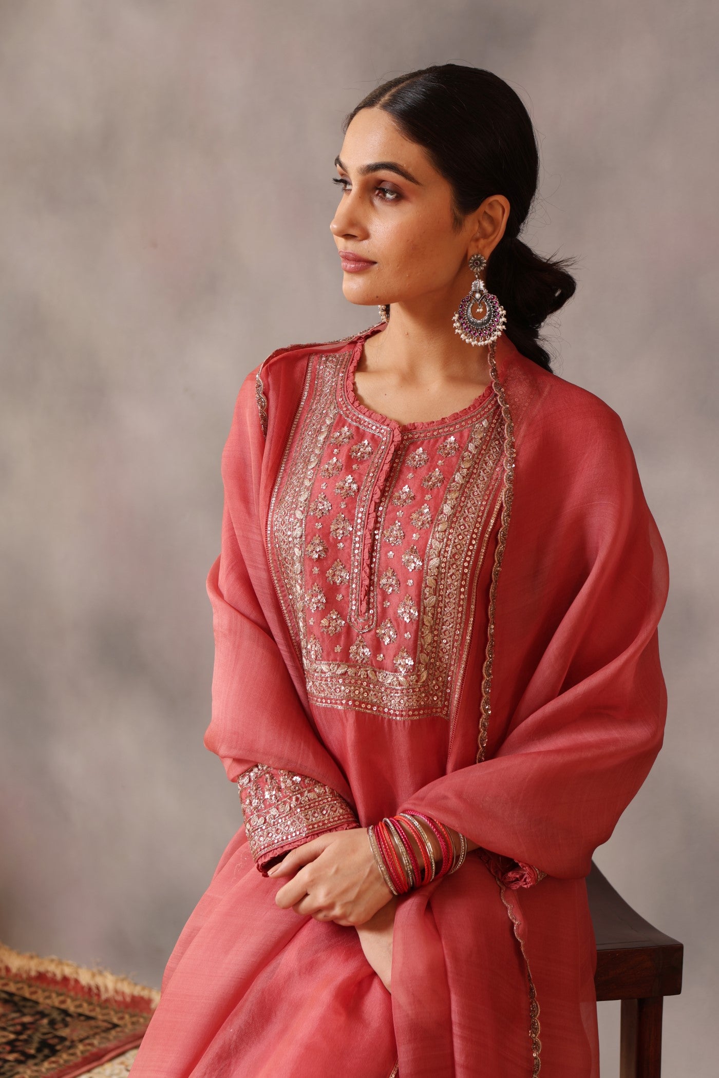 Hand Embroidered Dark Tea Rose Pure Silk Organza Kurta Pants Set