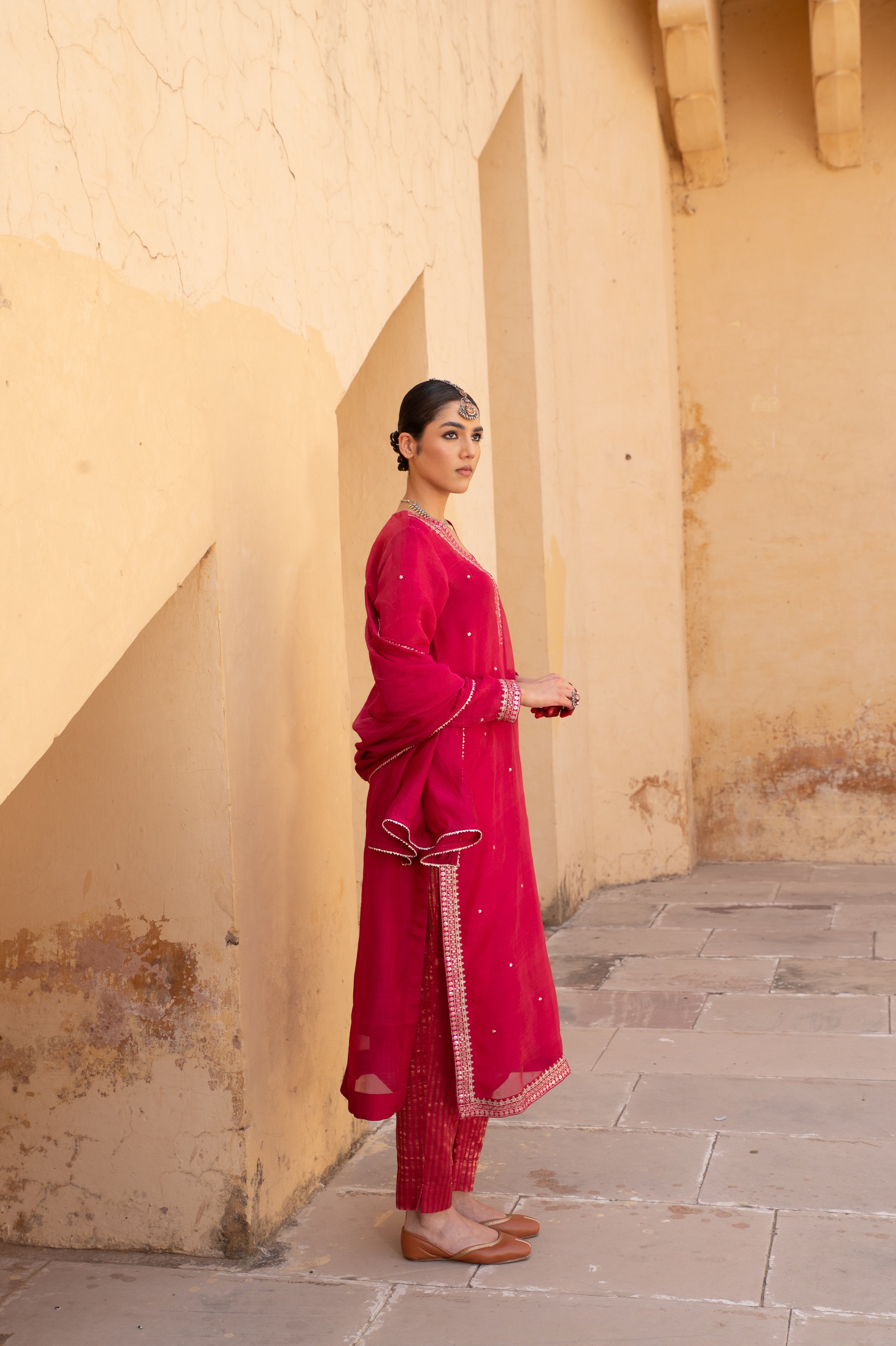 Rani-Pink Embroidered Pure Katan-Silk Kurta-Pants Set