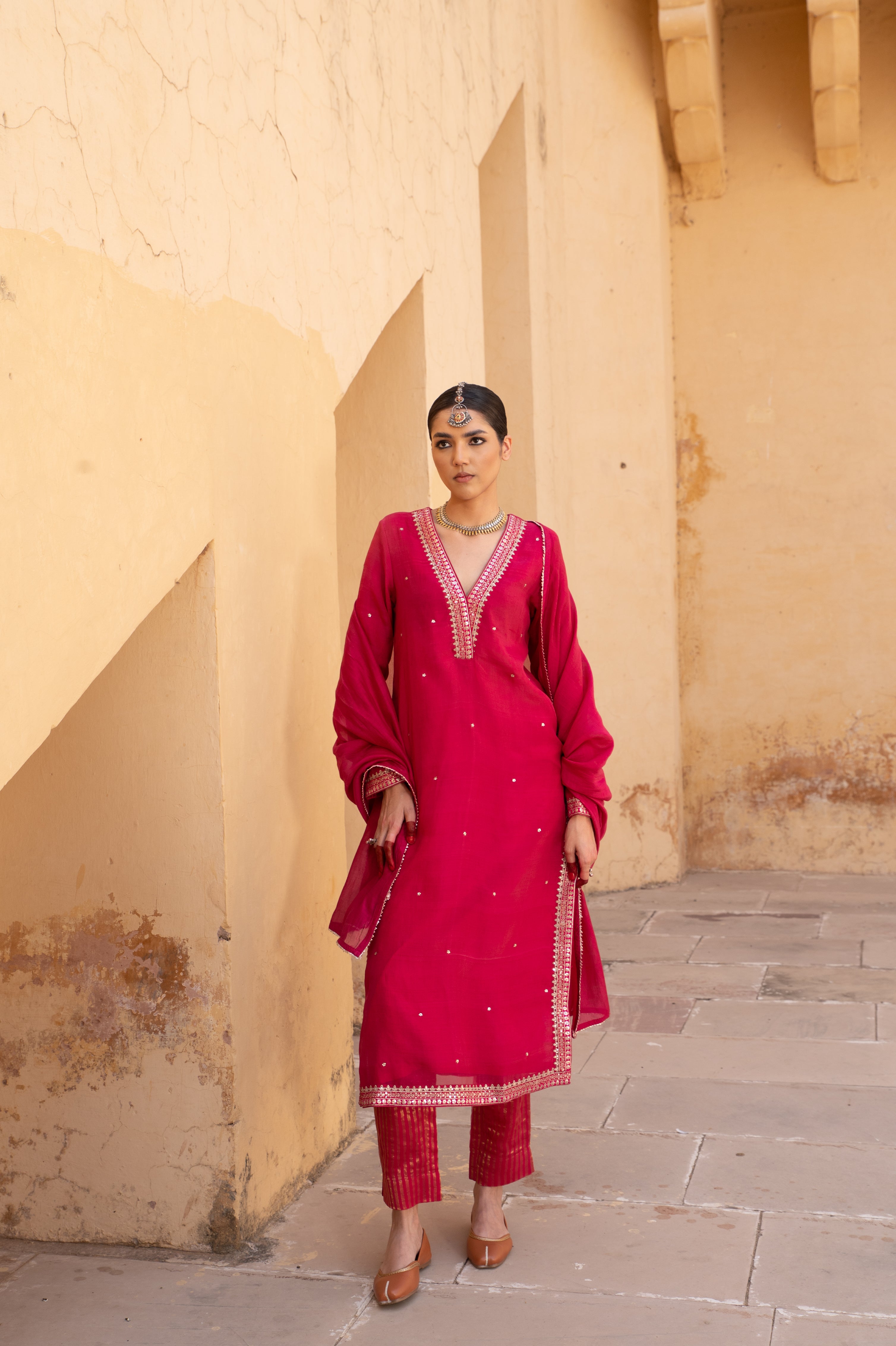 Rani-Pink Embroidered Pure Katan-Silk Kurta-Pants Set