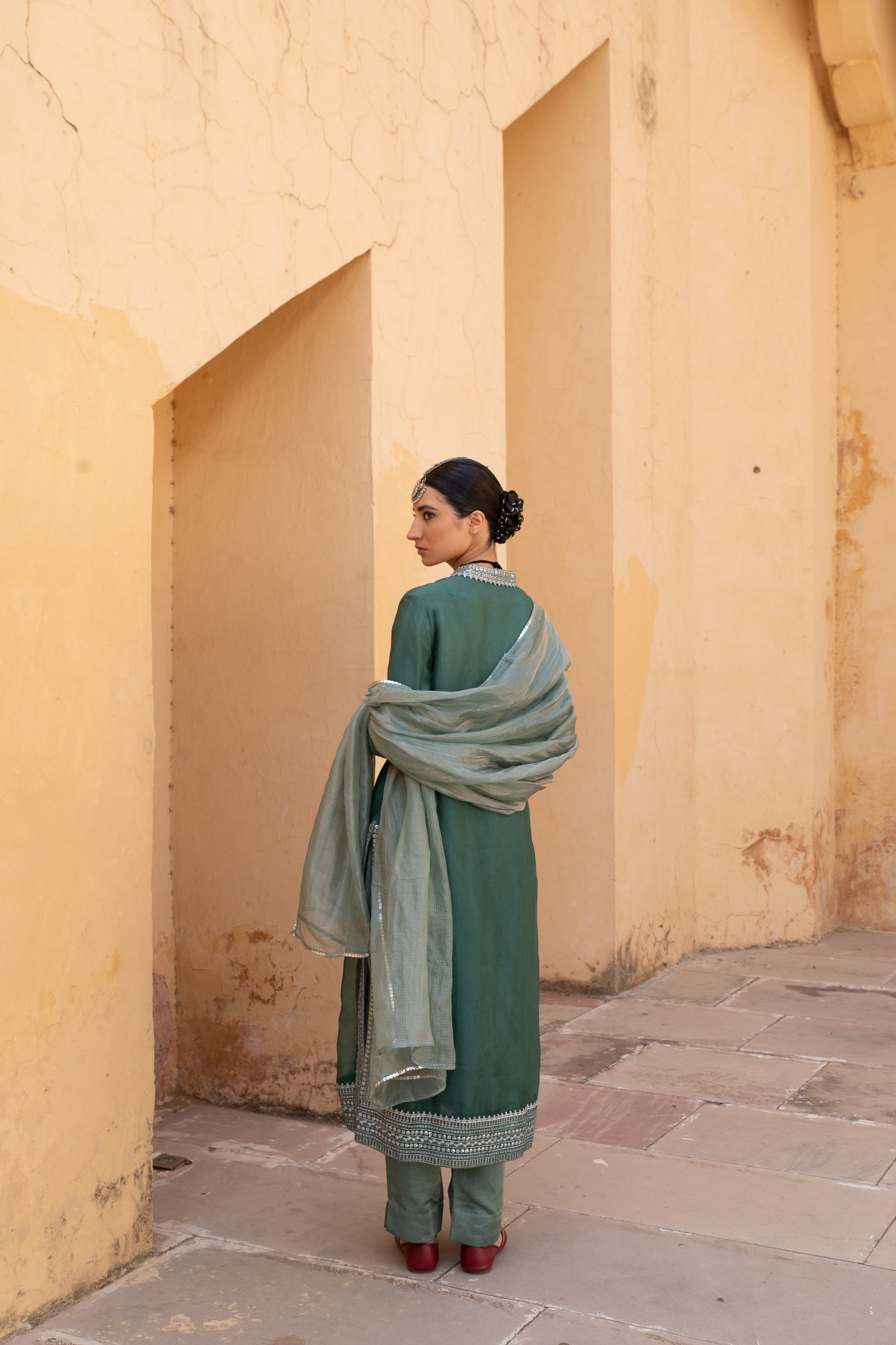 Emerald-Green Embroidered Pure Silk-Organza Kurta-Pants Set