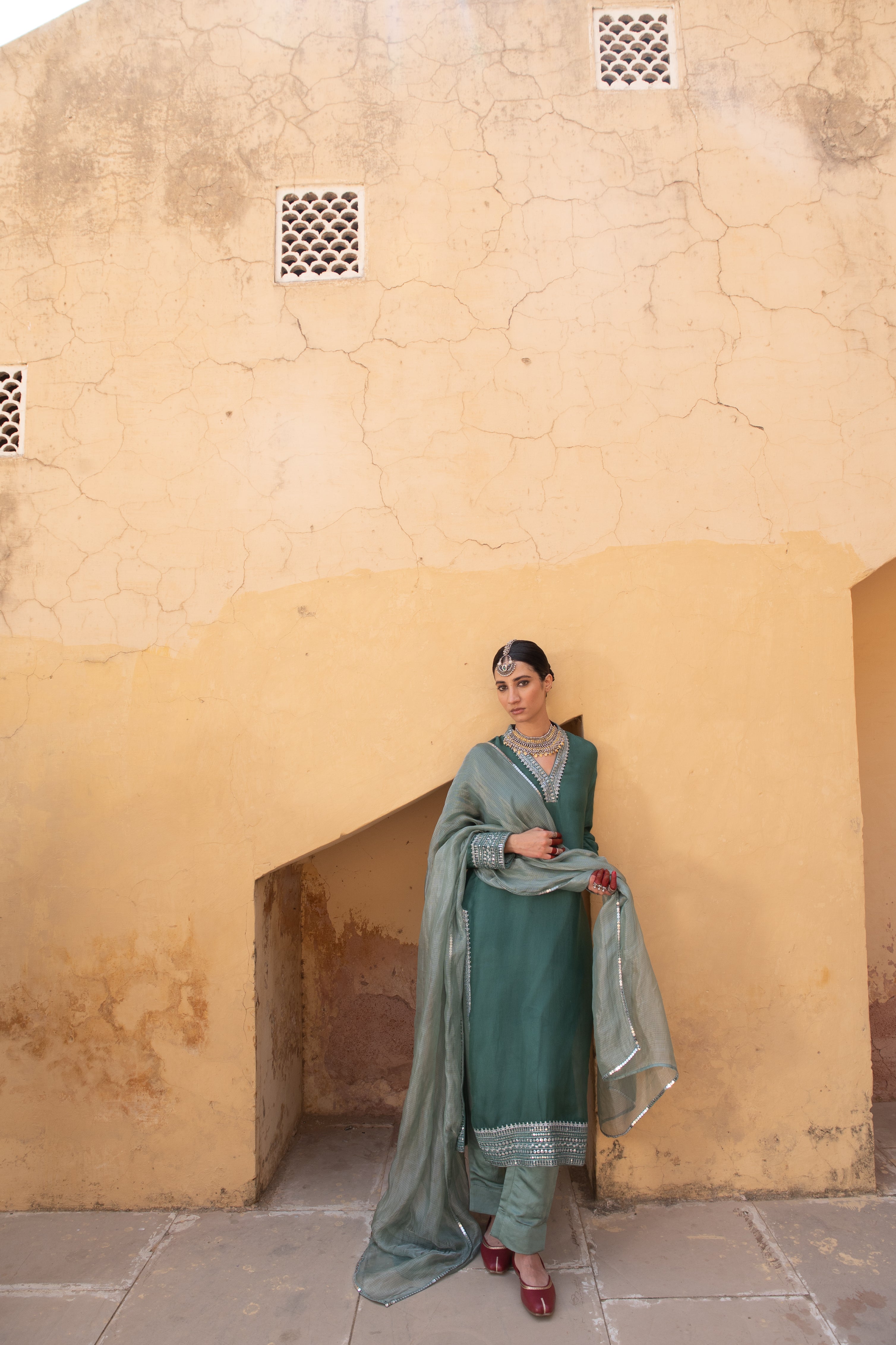 Emerald-Green Embroidered Pure Silk-Organza Kurta-Pants Set