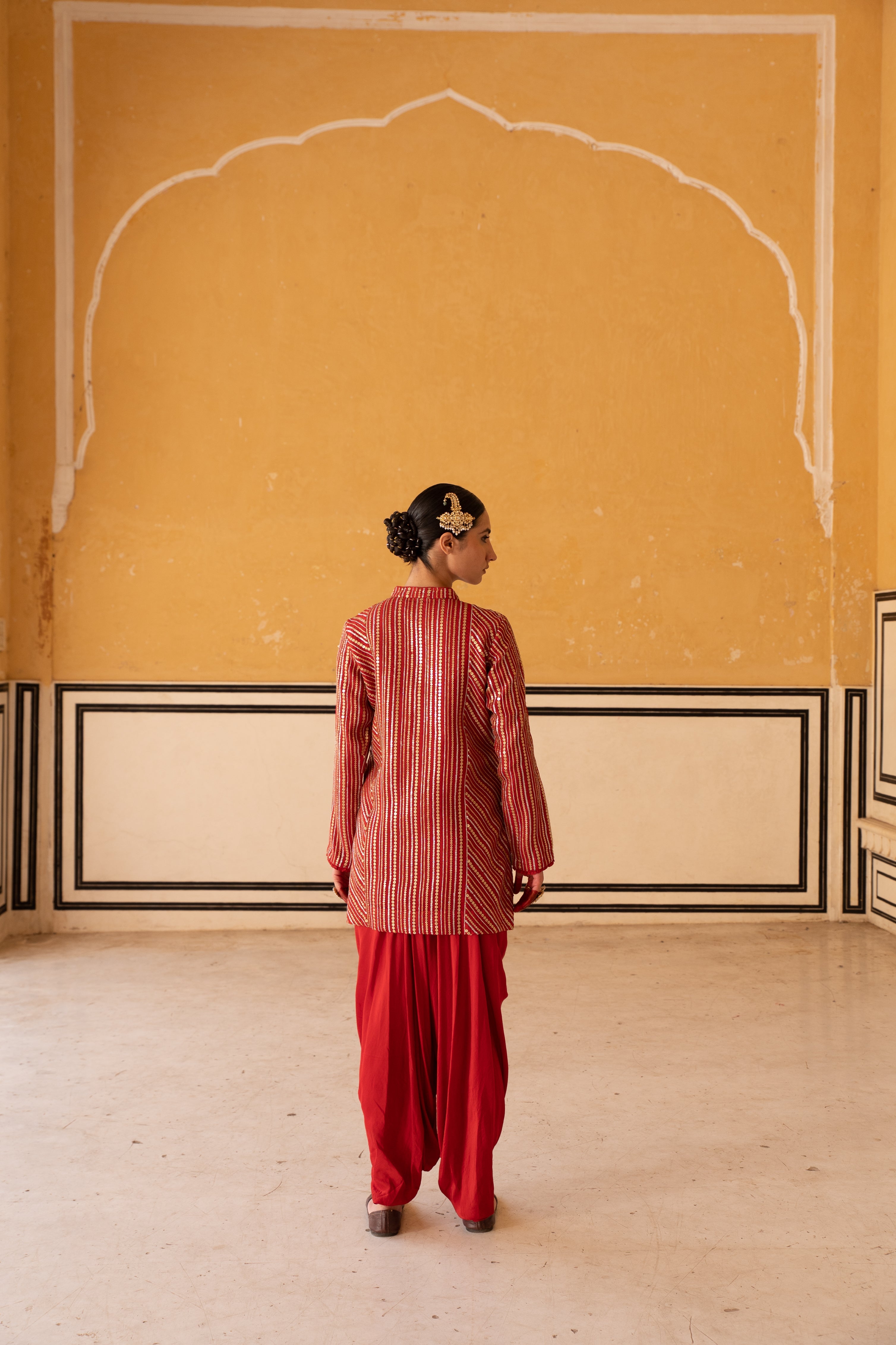 Bridal-Red Sequinned Jacket-Style Short Kurta With Dhoti-Salwar
