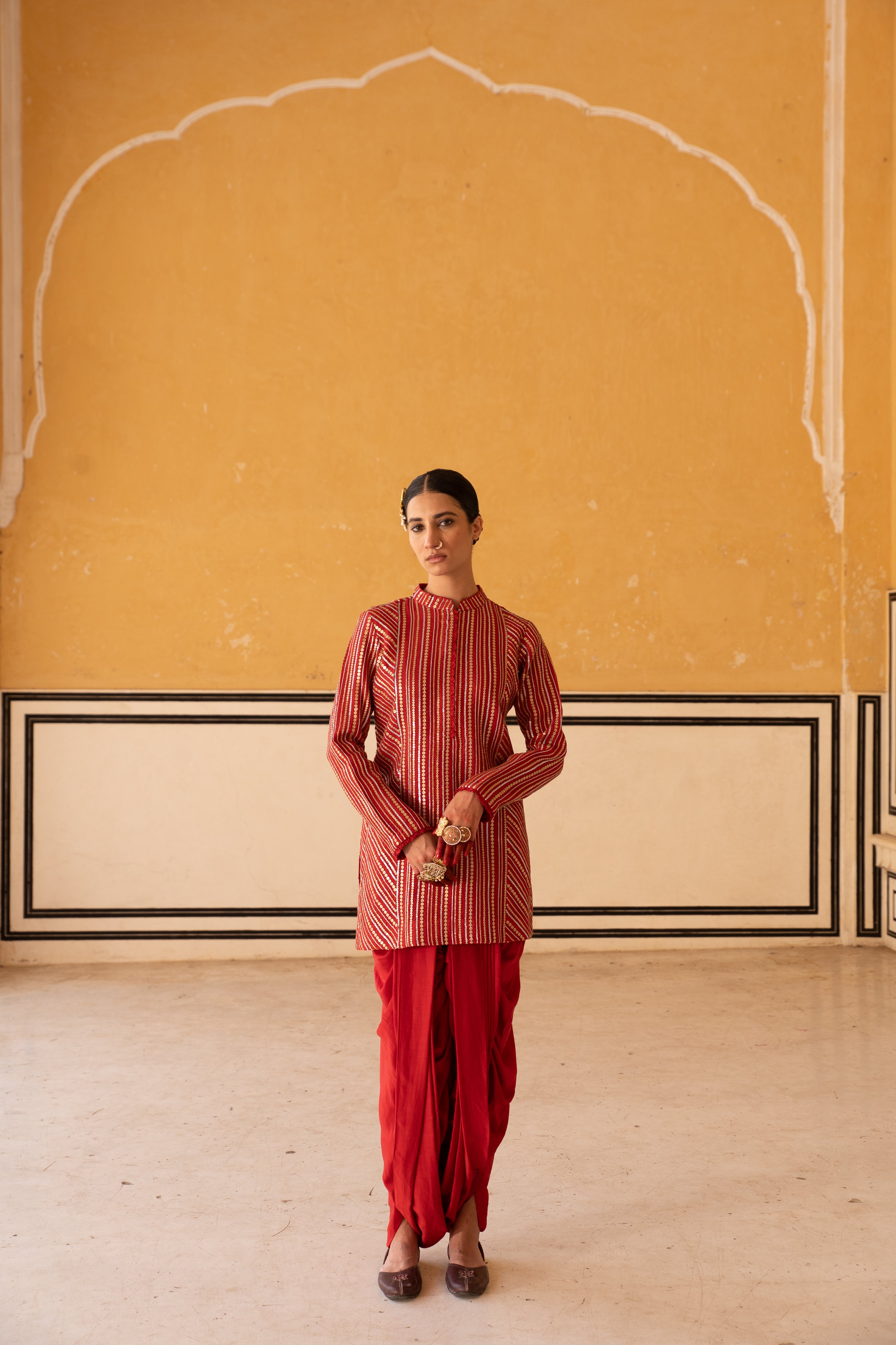 Bridal-Red Sequinned Jacket-Style Short Kurta With Dhoti-Salwar