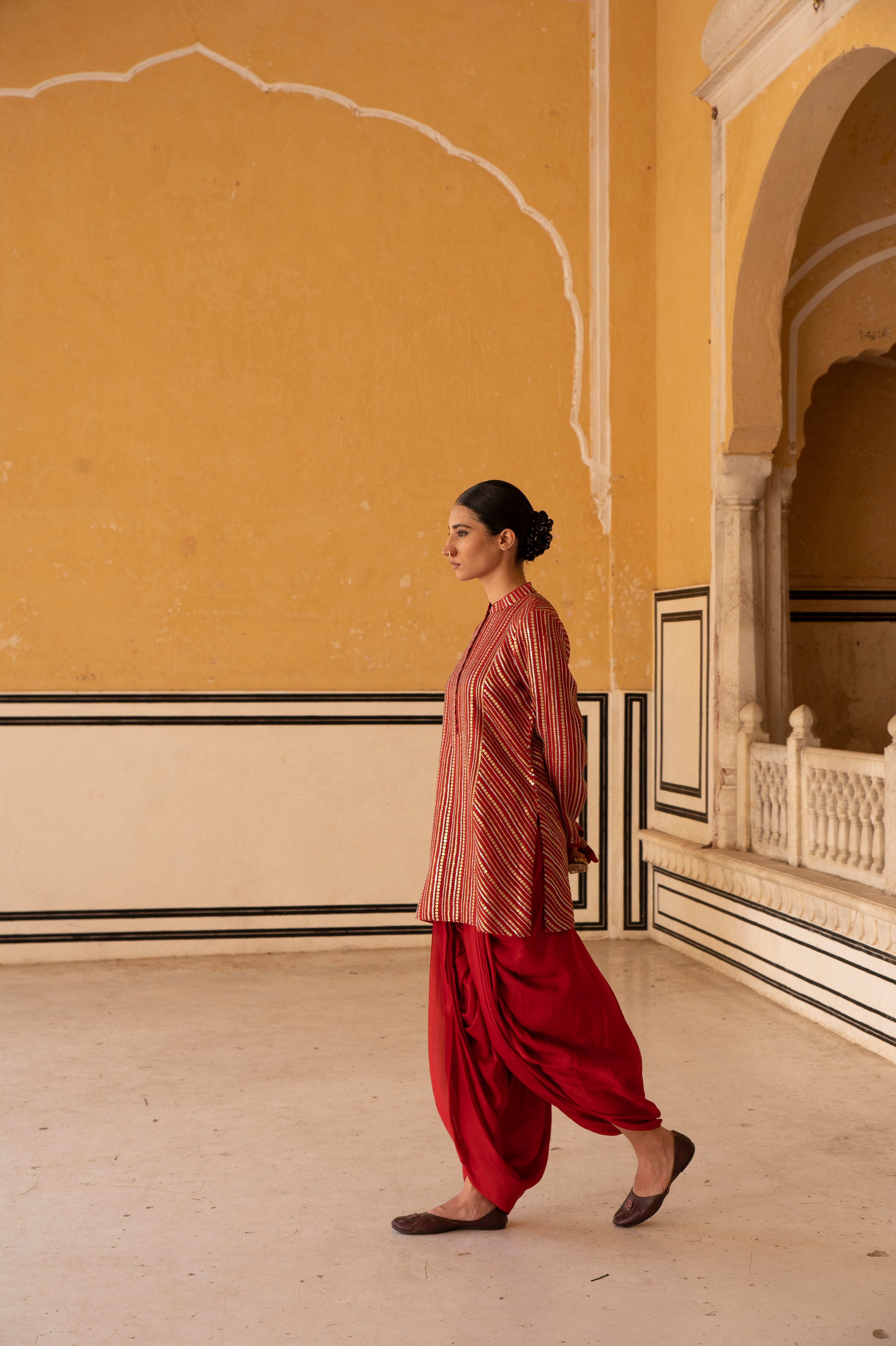 Bridal-Red Sequinned Jacket-Style Short Kurta With Dhoti-Salwar