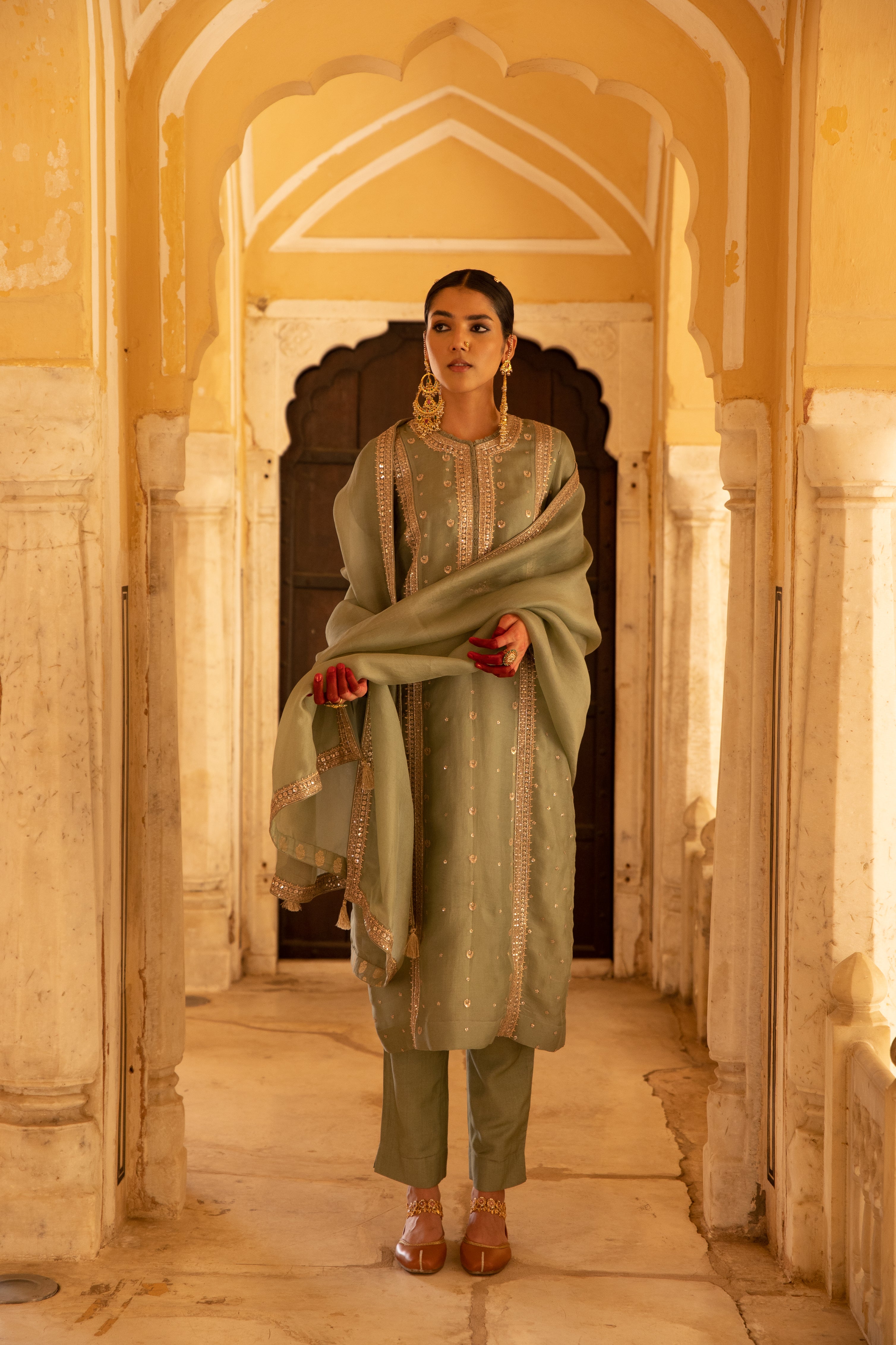 Fern-Green Hand-Embroidered Pure Silk-Organza Kurta-Pants Set