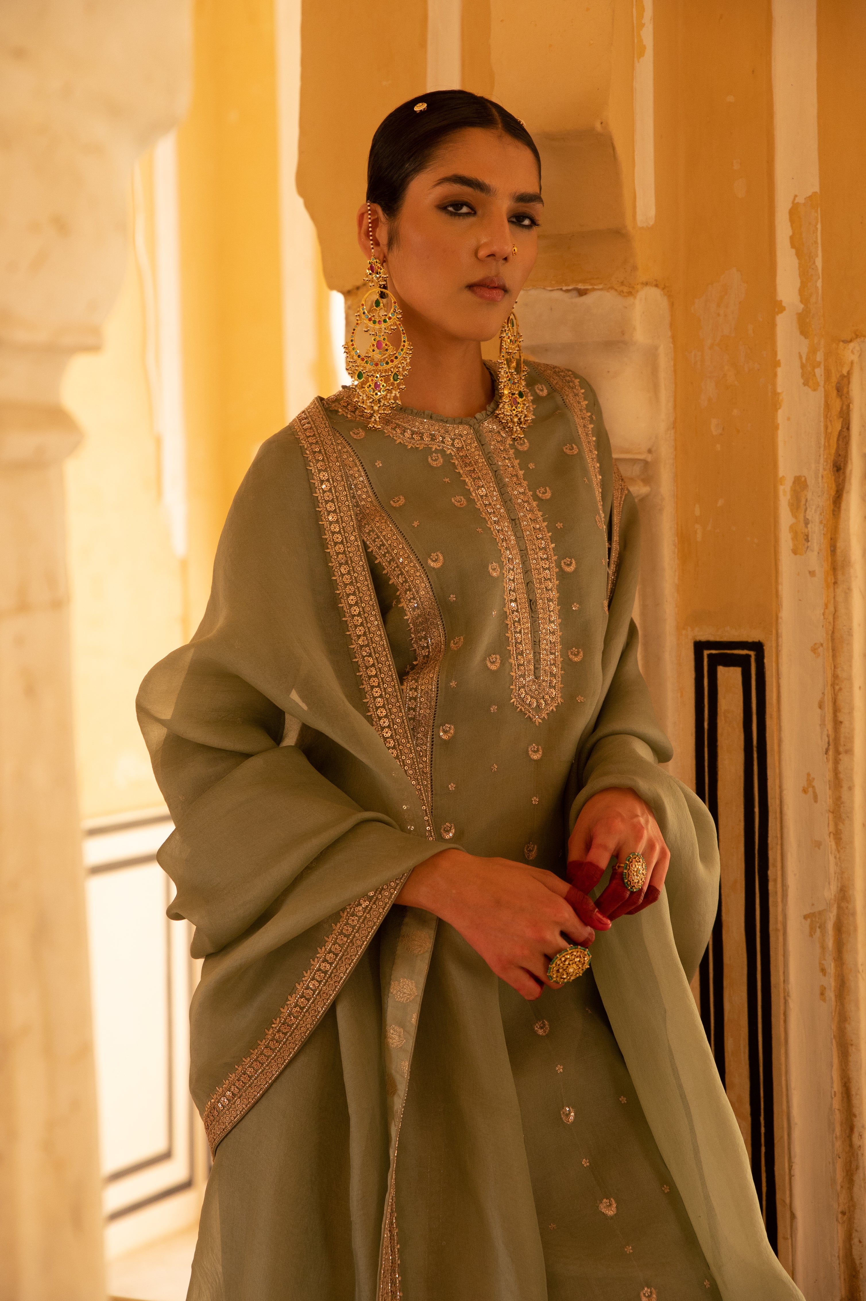 Fern-Green Hand-Embroidered Pure Silk-Organza Kurta-Pants Set